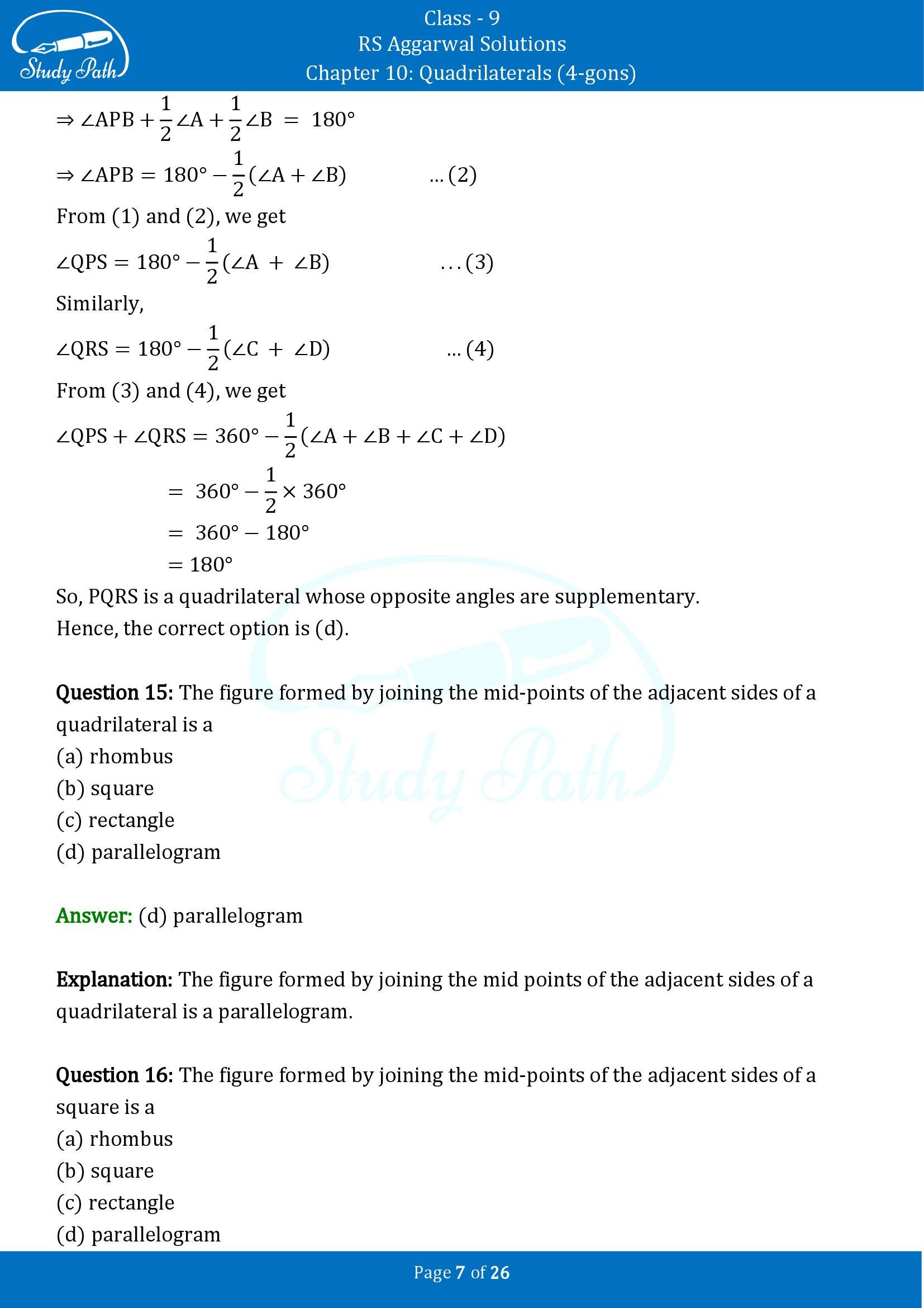 RS Aggarwal Solutions Class 9 Chapter 10 Quadrilaterals 4 gons Multiple Choice Questions MCQs 00007