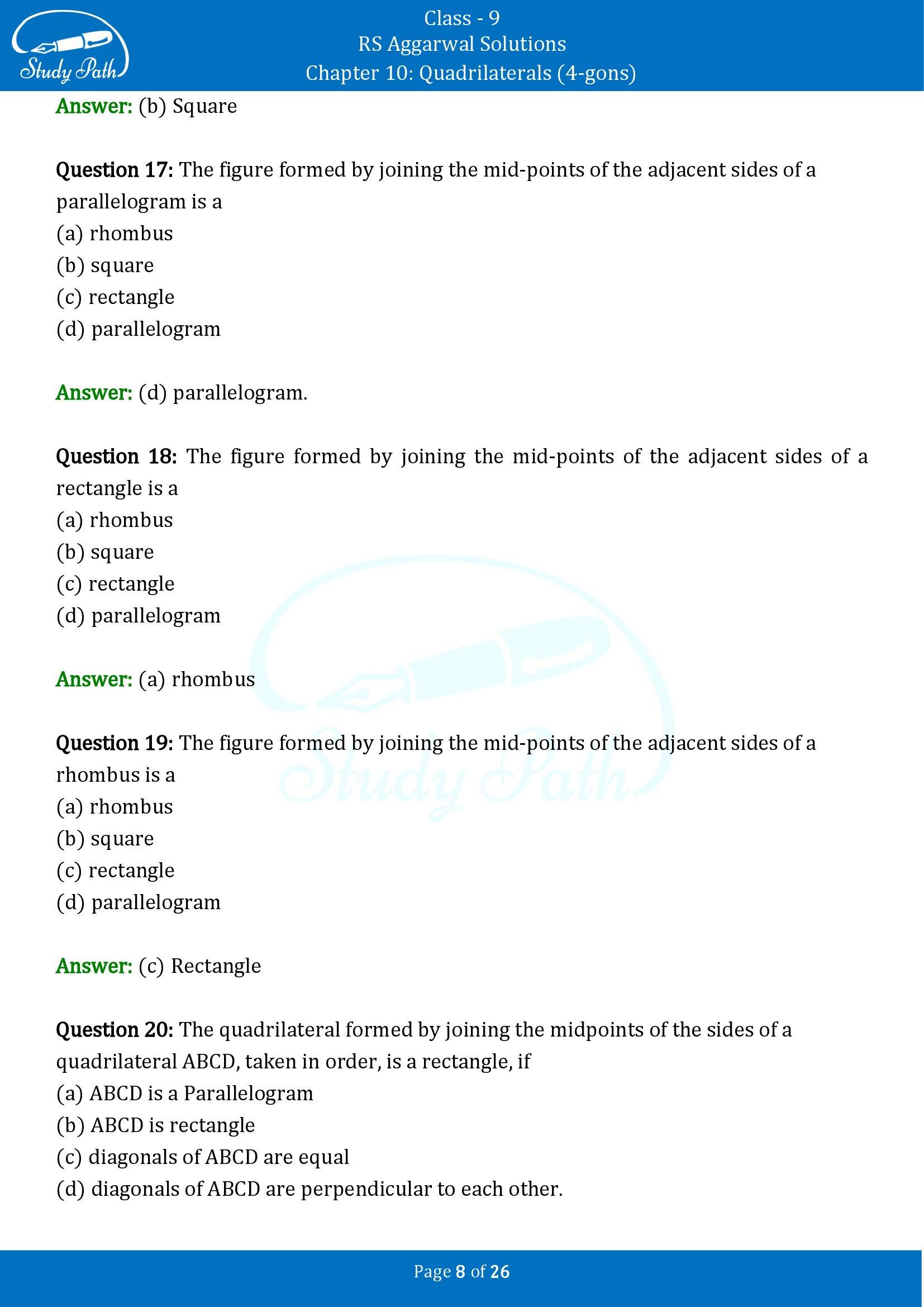RS Aggarwal Solutions Class 9 Chapter 10 Quadrilaterals 4 gons Multiple Choice Questions MCQs 00008