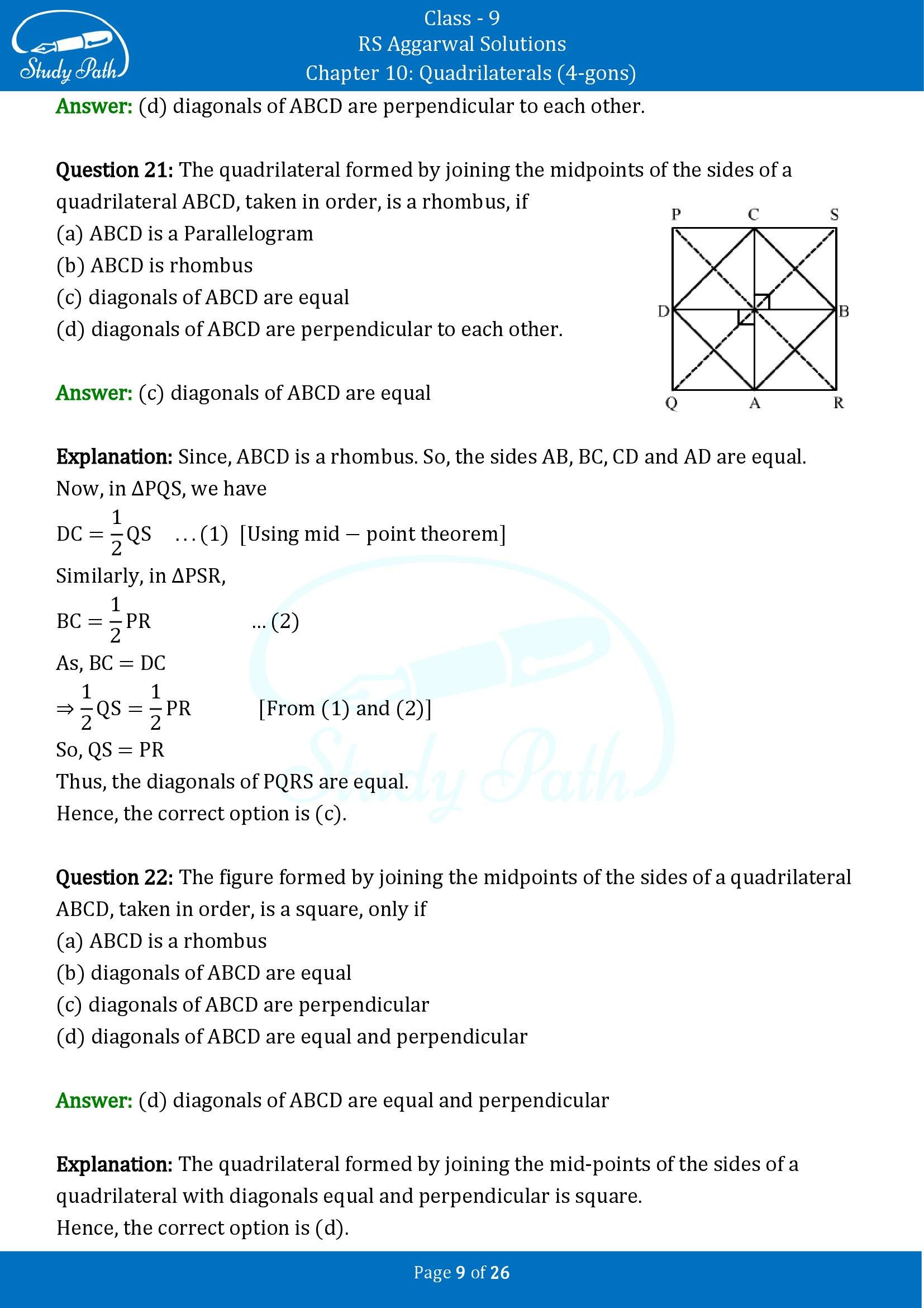 RS Aggarwal Solutions Class 9 Chapter 10 Quadrilaterals 4 gons Multiple Choice Questions MCQs 00009