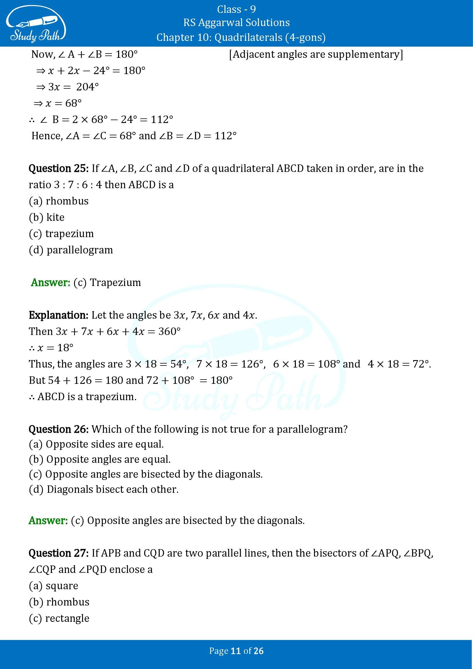 RS Aggarwal Solutions Class 9 Chapter 10 Quadrilaterals 4 gons Multiple Choice Questions MCQs 00011