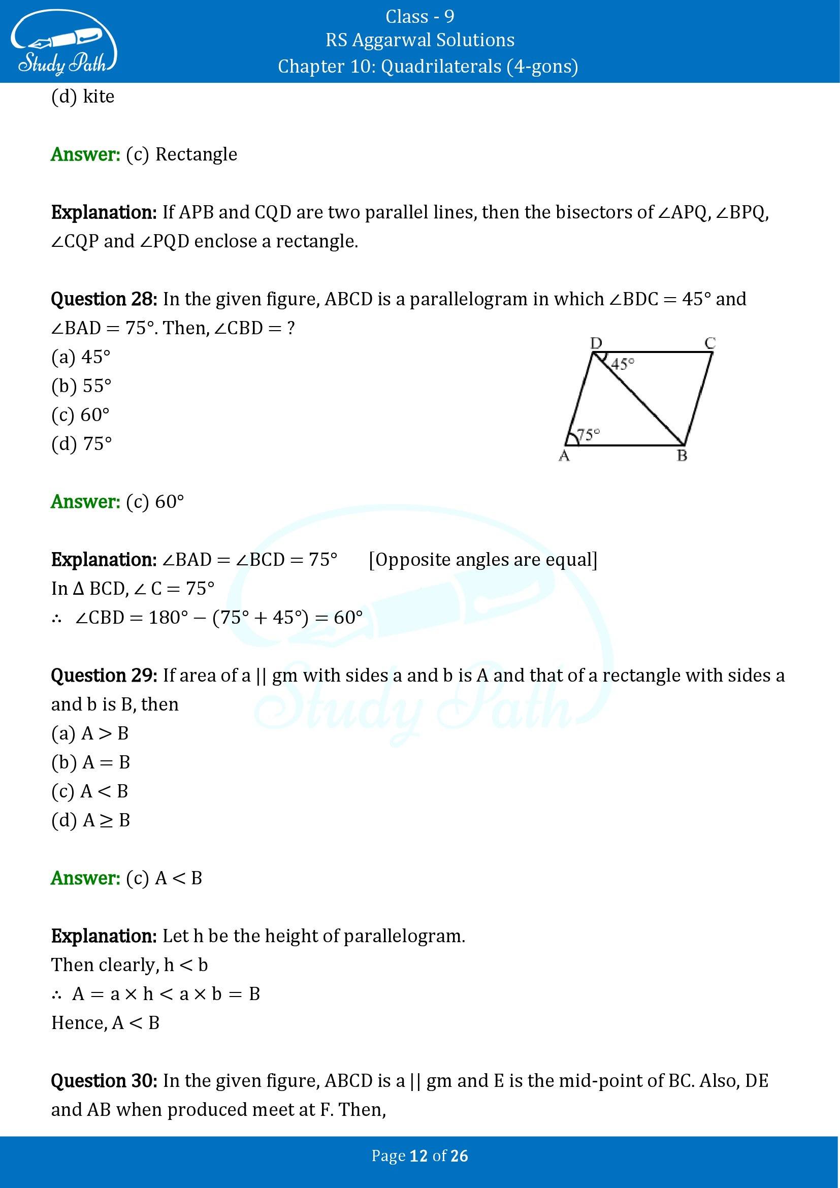 RS Aggarwal Solutions Class 9 Chapter 10 Quadrilaterals 4 gons Multiple Choice Questions MCQs 00012