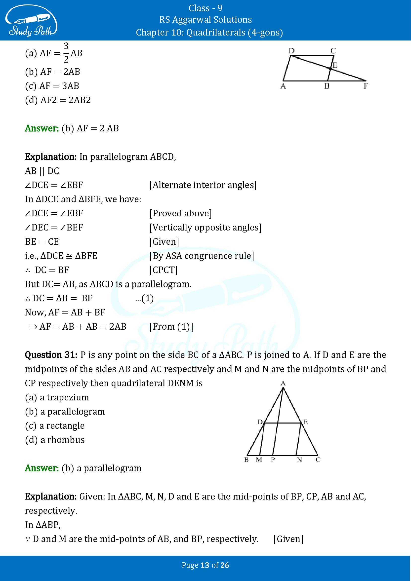 RS Aggarwal Solutions Class 9 Chapter 10 Quadrilaterals 4 gons Multiple Choice Questions MCQs 00013
