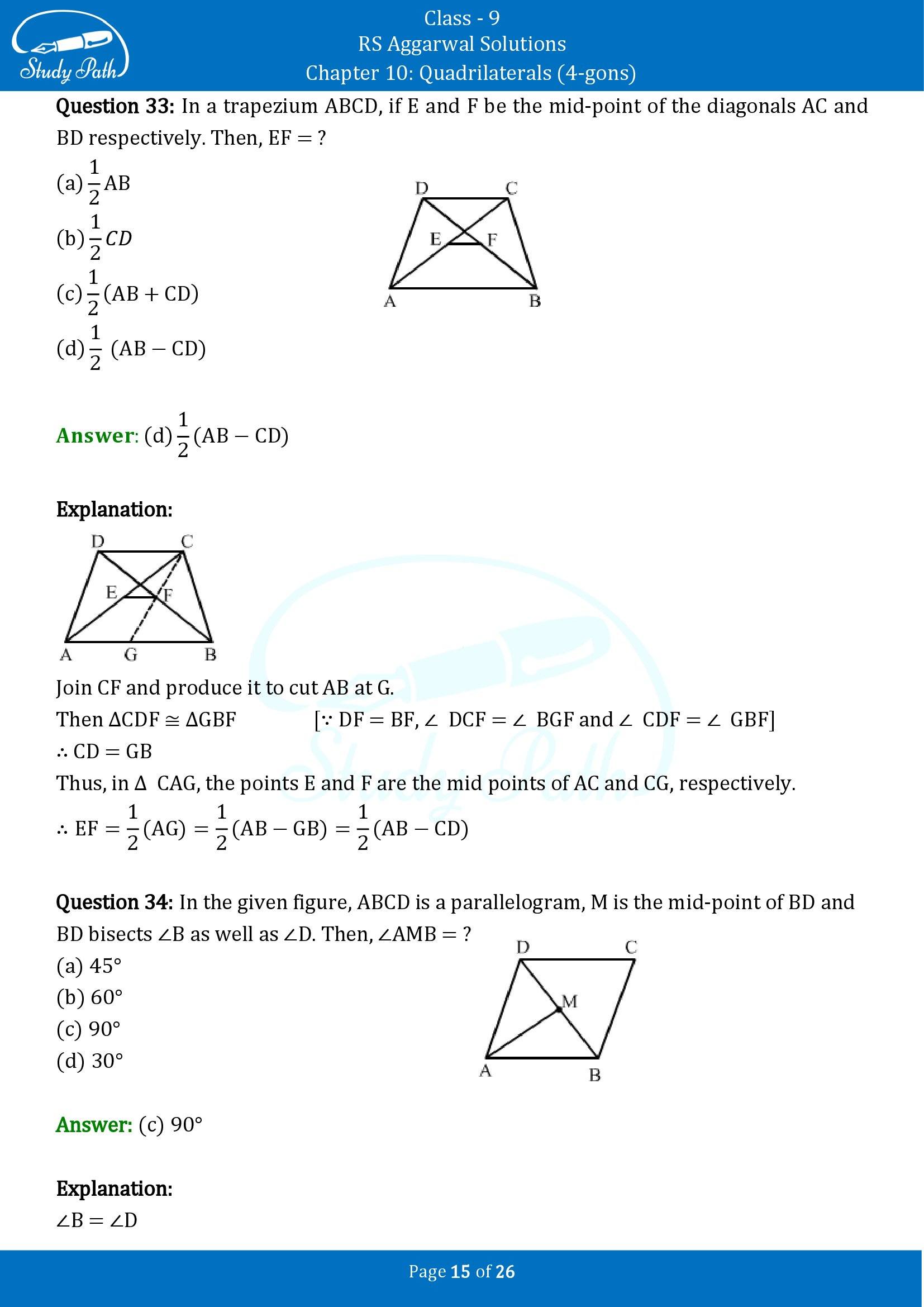 RS Aggarwal Solutions Class 9 Chapter 10 Quadrilaterals 4 gons Multiple Choice Questions MCQs 00015