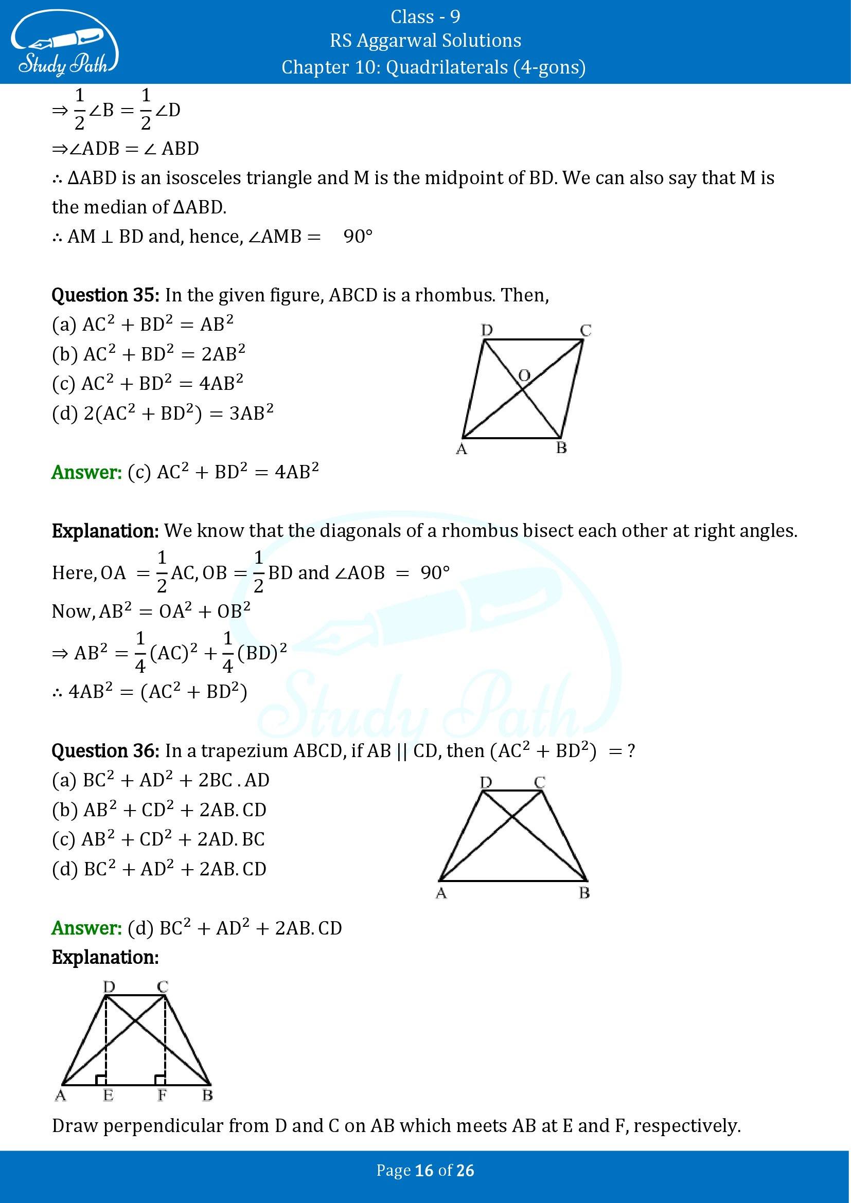 RS Aggarwal Solutions Class 9 Chapter 10 Quadrilaterals 4 gons Multiple Choice Questions MCQs 00016