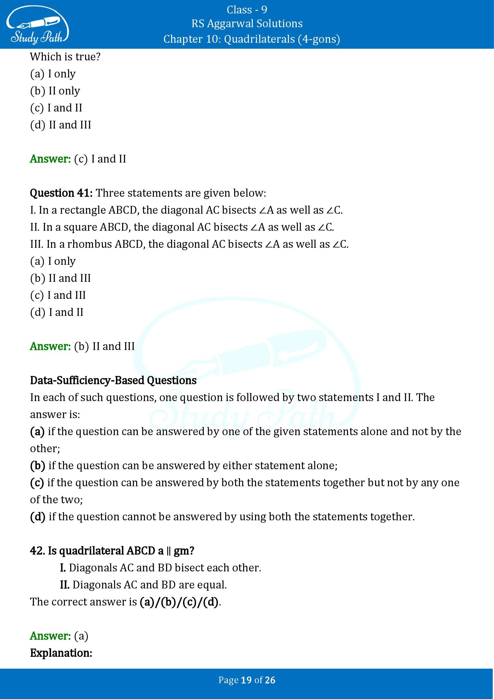 RS Aggarwal Solutions Class 9 Chapter 10 Quadrilaterals 4 gons Multiple Choice Questions MCQs 00019