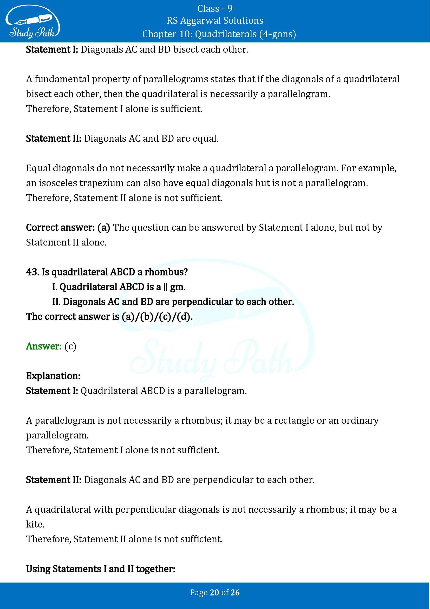 RS Aggarwal Solutions Class 9 Chapter 10 Quadrilaterals 4 gons Multiple Choice Questions MCQs 00020