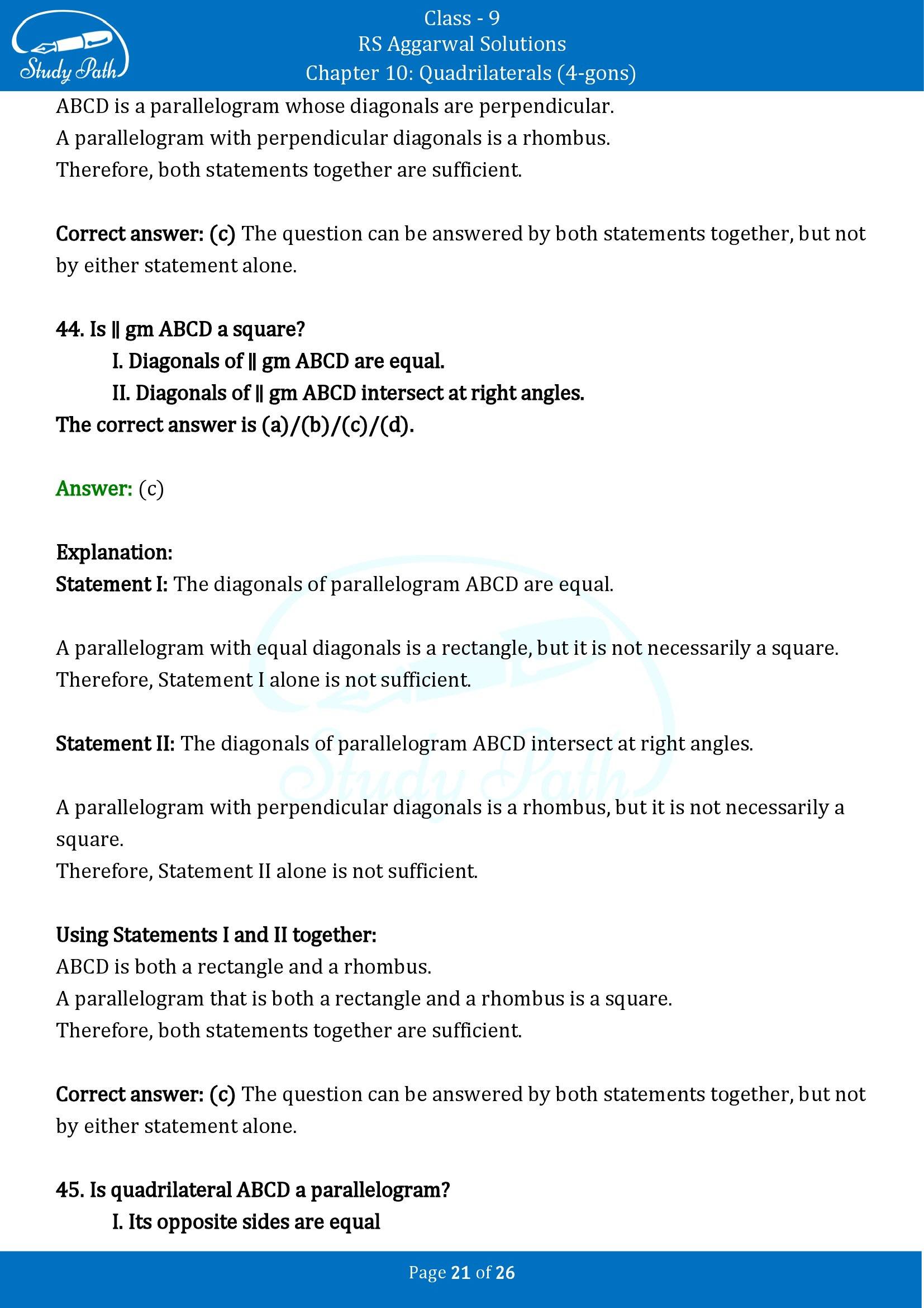 RS Aggarwal Solutions Class 9 Chapter 10 Quadrilaterals 4 gons Multiple Choice Questions MCQs 00021