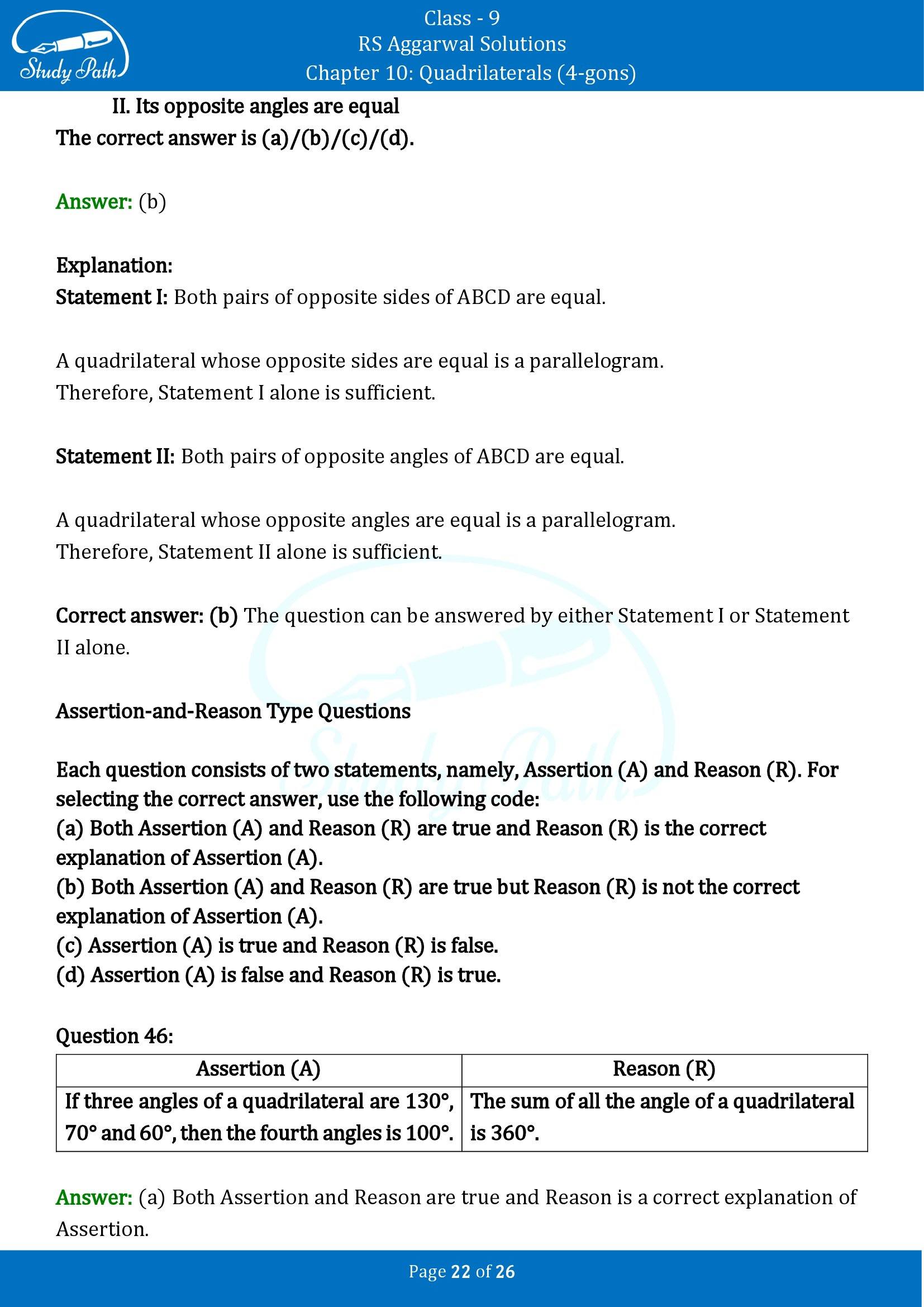 RS Aggarwal Solutions Class 9 Chapter 10 Quadrilaterals 4 gons Multiple Choice Questions MCQs 00022