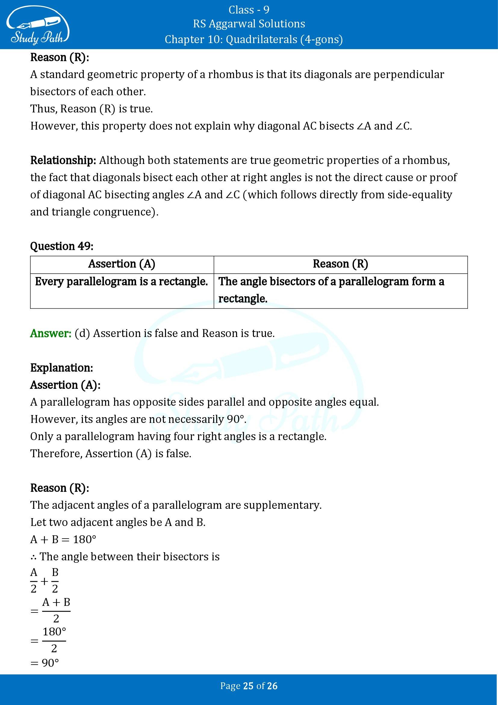 RS Aggarwal Solutions Class 9 Chapter 10 Quadrilaterals 4 gons Multiple Choice Questions MCQs 00025