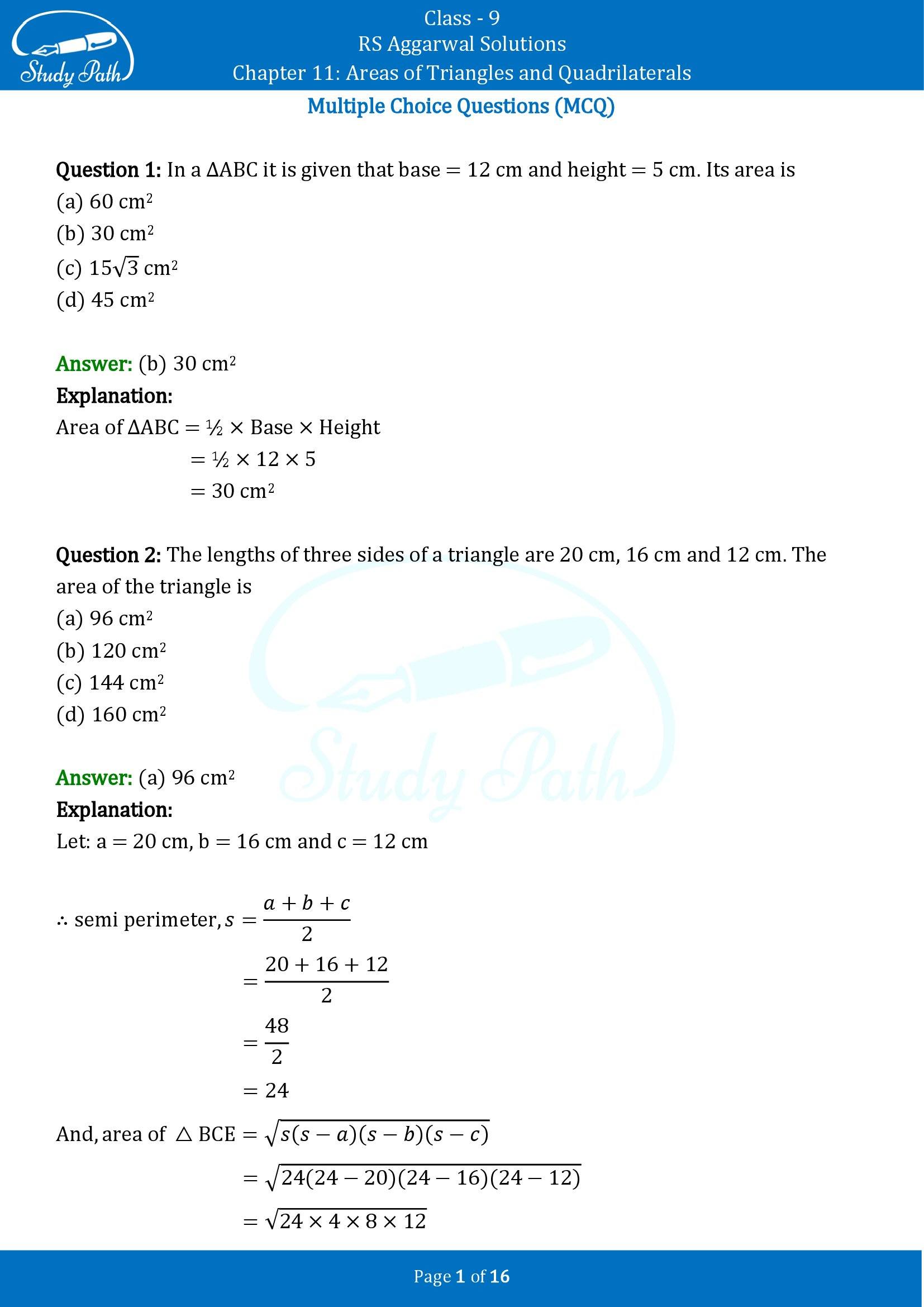 RS Aggarwal Solutions Class 9 Chapter 11 Areas of Triangles and Quadrilaterals Multiple Choice Questions MCQs 00001