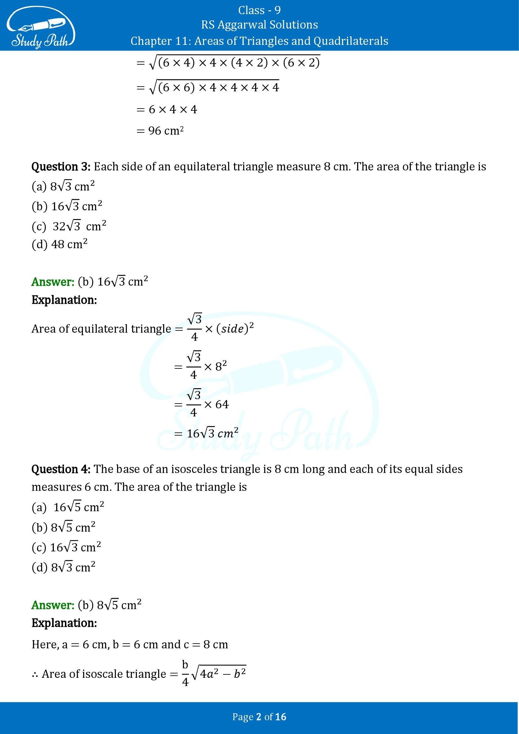 RS Aggarwal Solutions Class 9 Chapter 11 Areas of Triangles and Quadrilaterals Multiple Choice Questions MCQs 00002