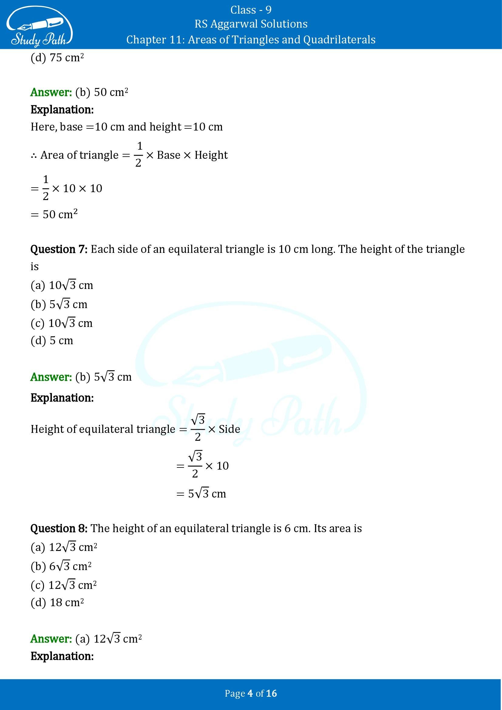 RS Aggarwal Solutions Class 9 Chapter 11 Areas of Triangles and Quadrilaterals Multiple Choice Questions MCQs 00004