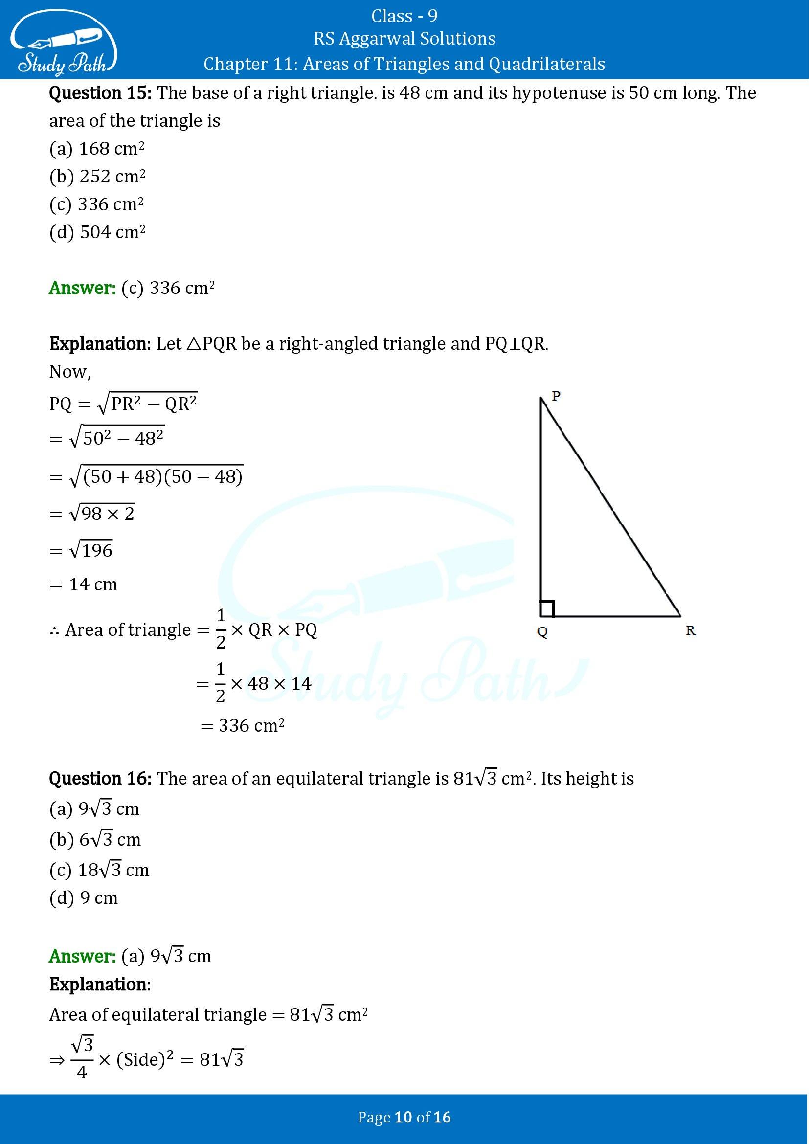 RS Aggarwal Solutions Class 9 Chapter 11 Areas of Triangles and Quadrilaterals Multiple Choice Questions MCQs 00010