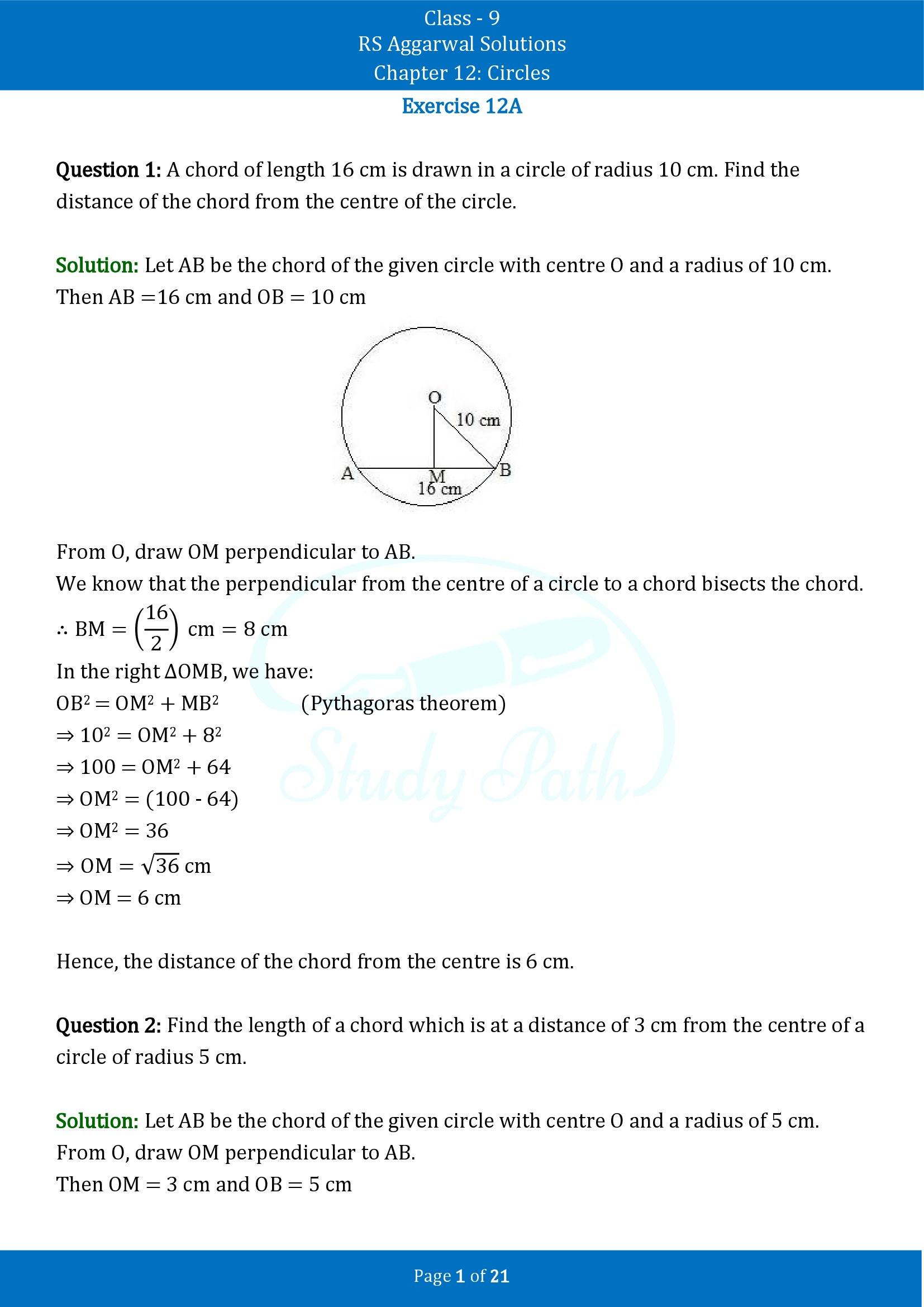 RS Aggarwal Solutions Class 9 Chapter 12 Circles Exercise 12A 00001