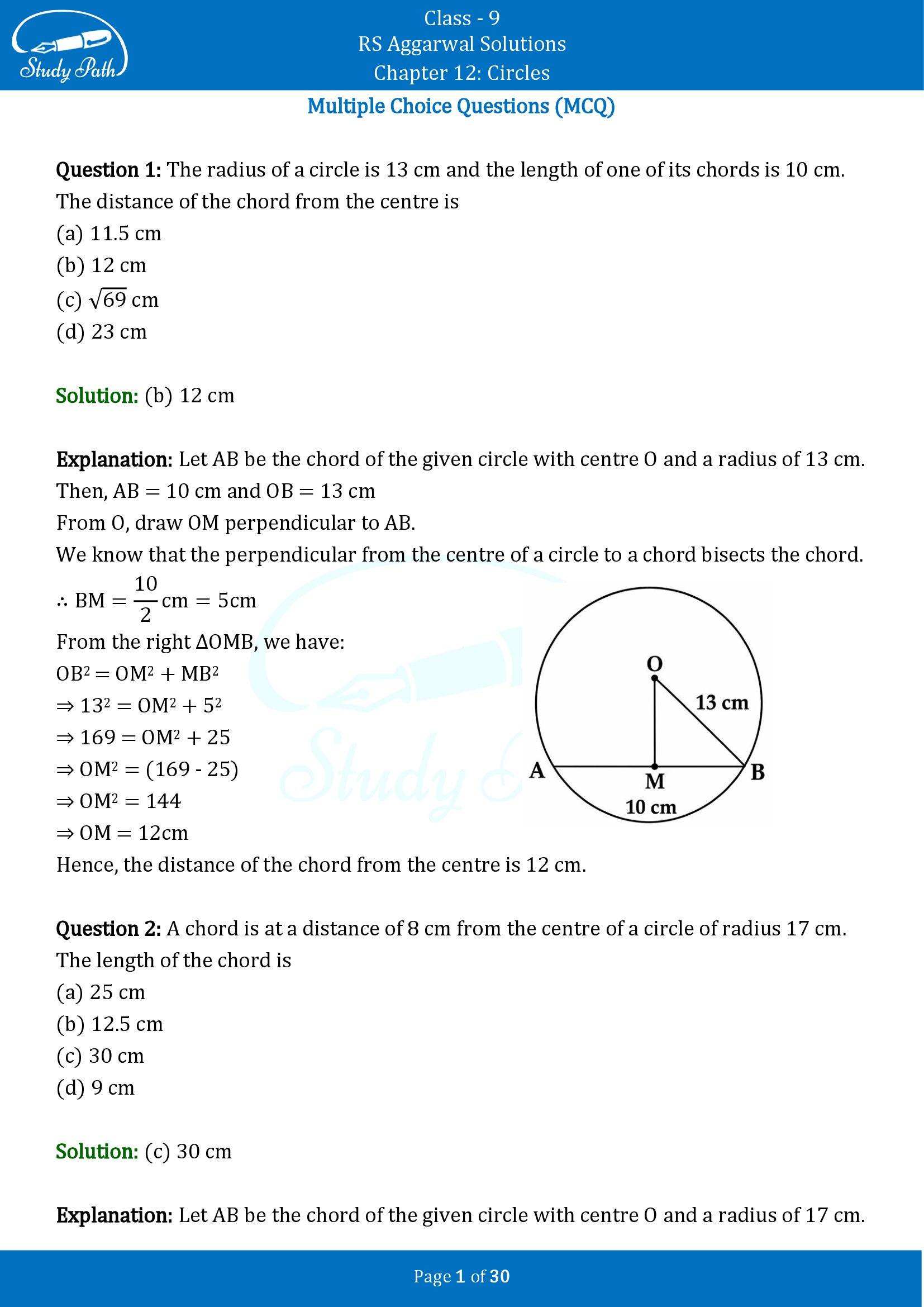 RS Aggarwal Solutions Class 9 Chapter 12 Circles Multiple Choice Questions MCQs 00001