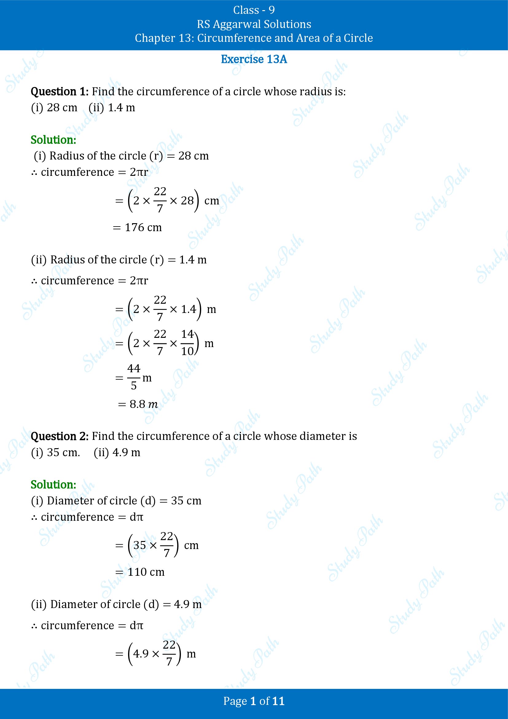 RS Aggarwal Solutions Class 9 Chapter 13 Circumference and Area of a Circle Exercise 13A 00001