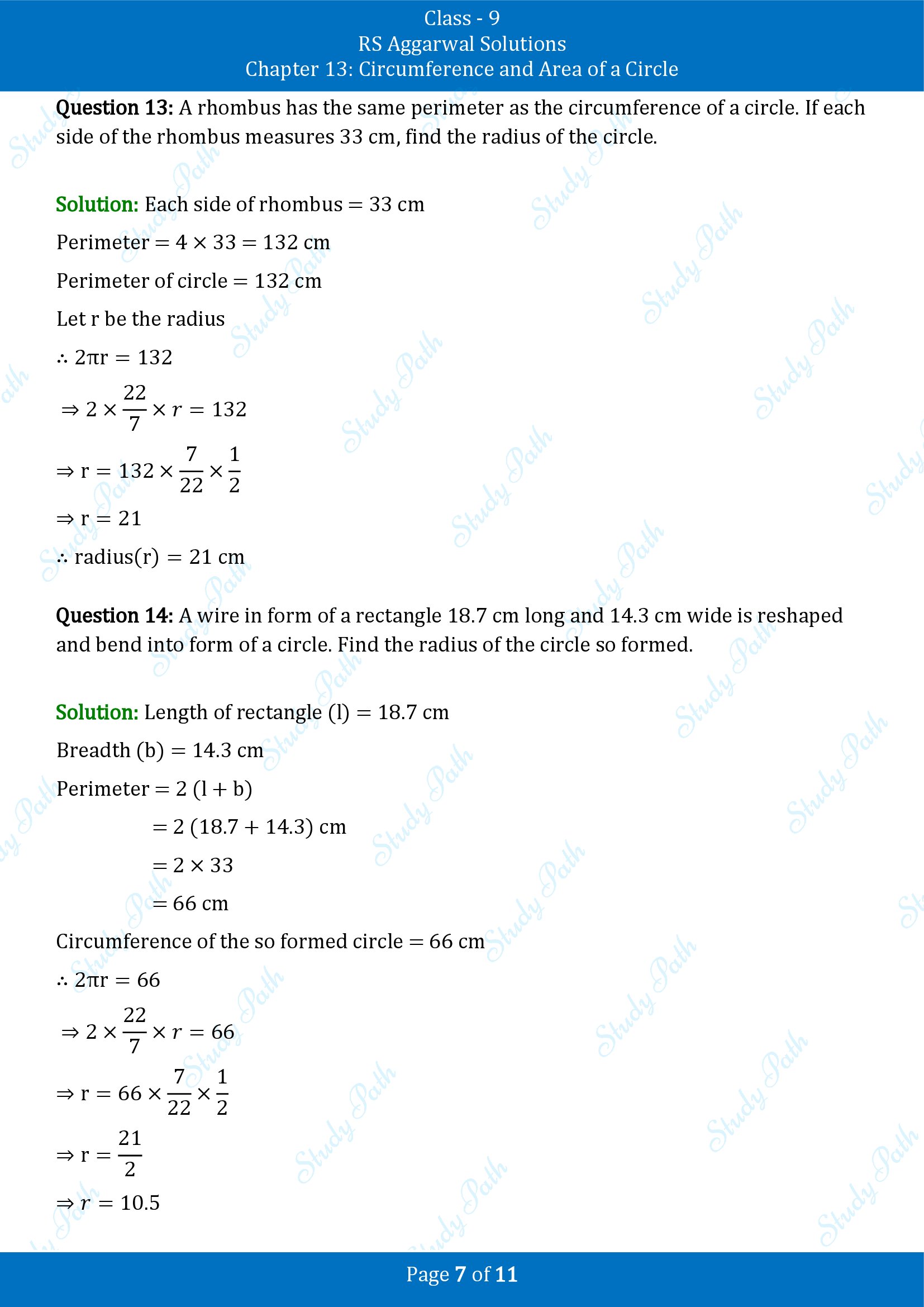 RS Aggarwal Solutions Class 9 Chapter 13 Circumference and Area of a Circle Exercise 13A 00007