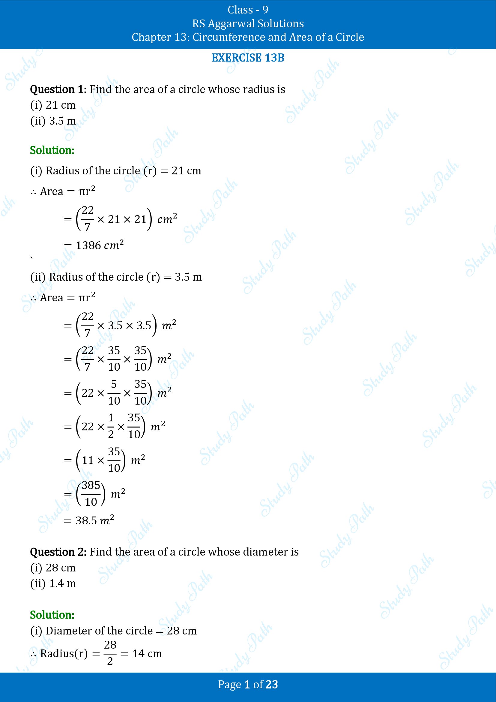 RS Aggarwal Solutions Class 9 Chapter 13 Circumference and Area of a Circle Exercise 13B 00001