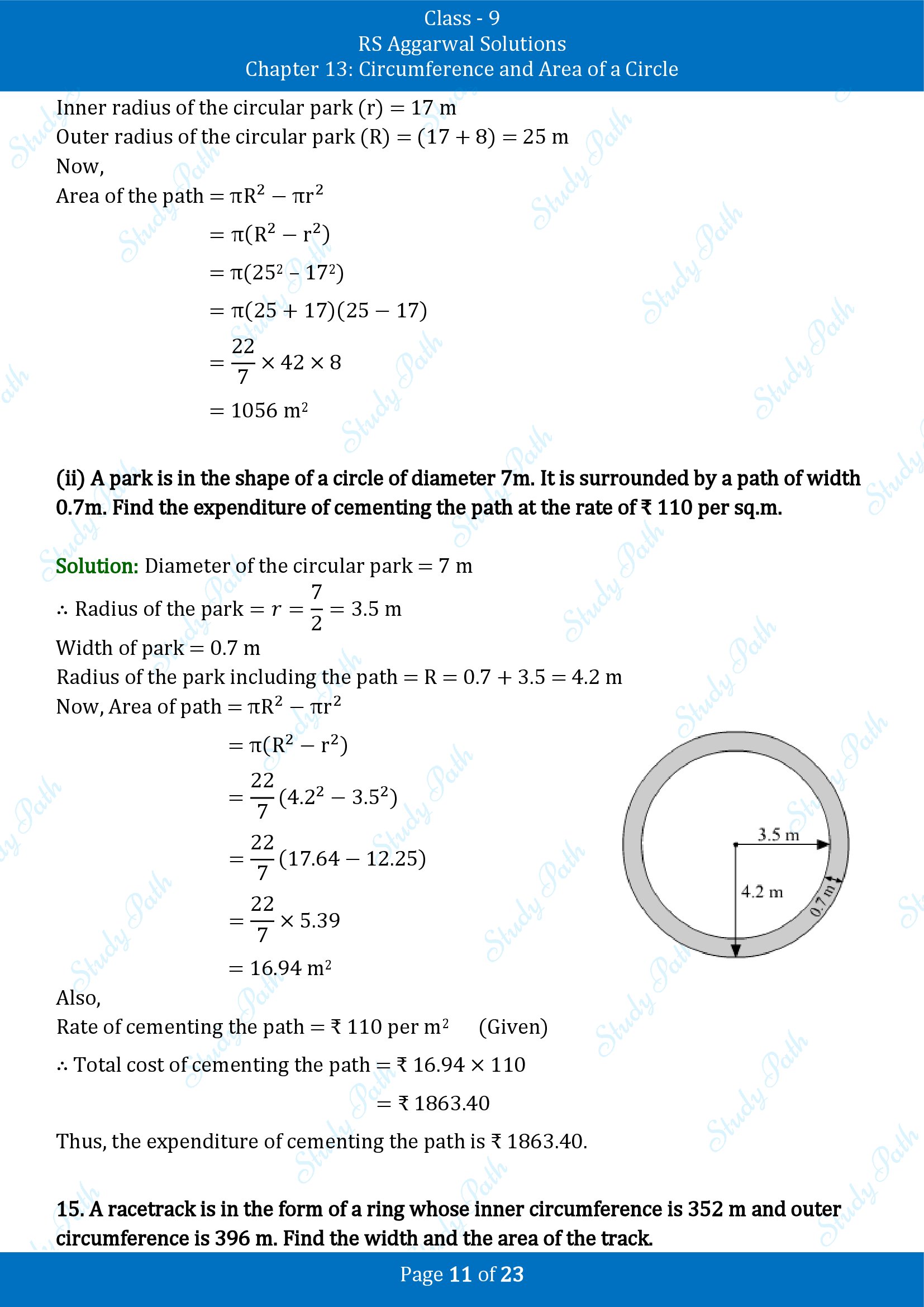 RS Aggarwal Solutions Class 9 Chapter 13 Circumference and Area of a Circle Exercise 13B 00011