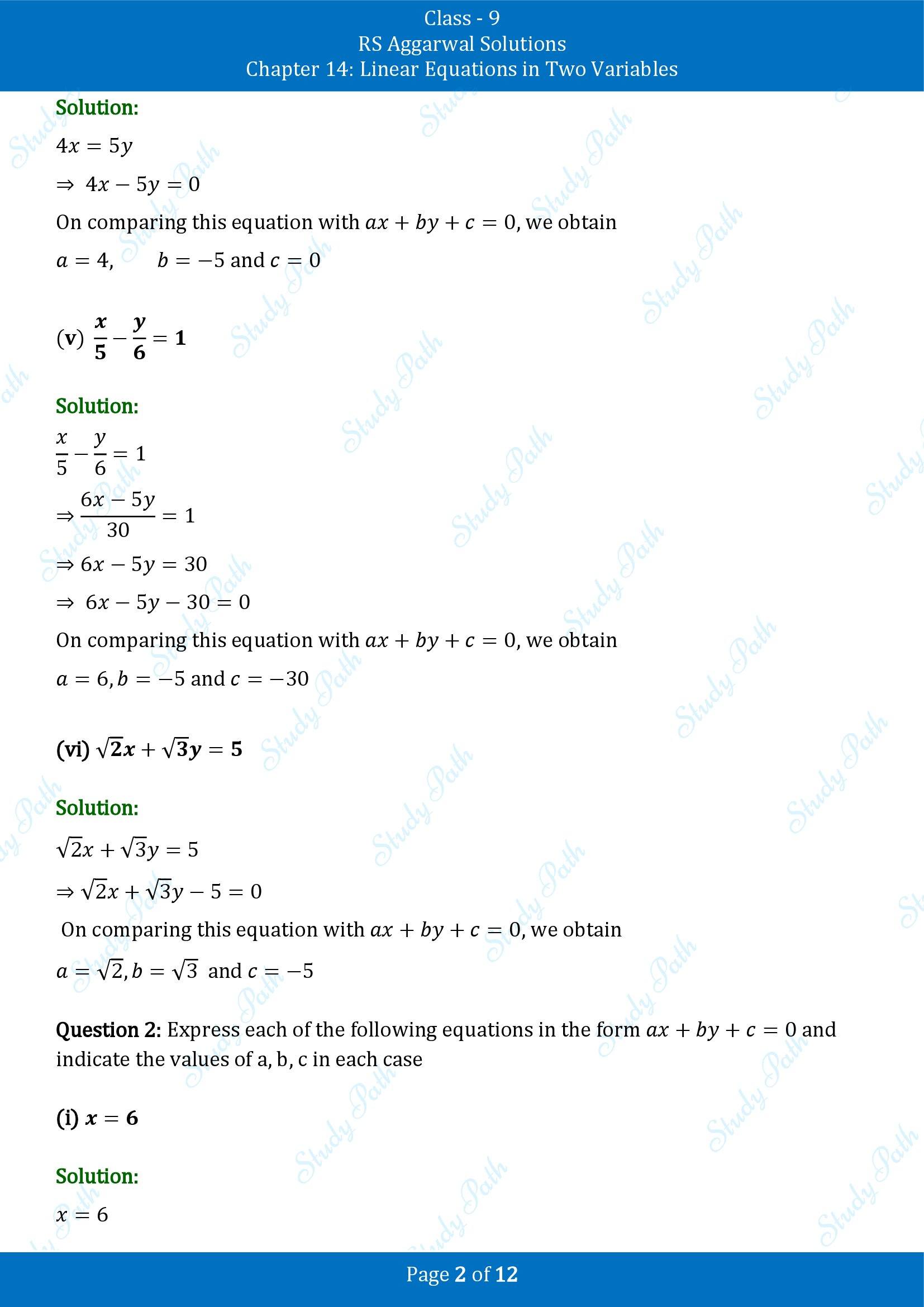 RS Aggarwal Solutions Class 9 Chapter 14 Linear Equations in Two Variables Exercise 14A 00002