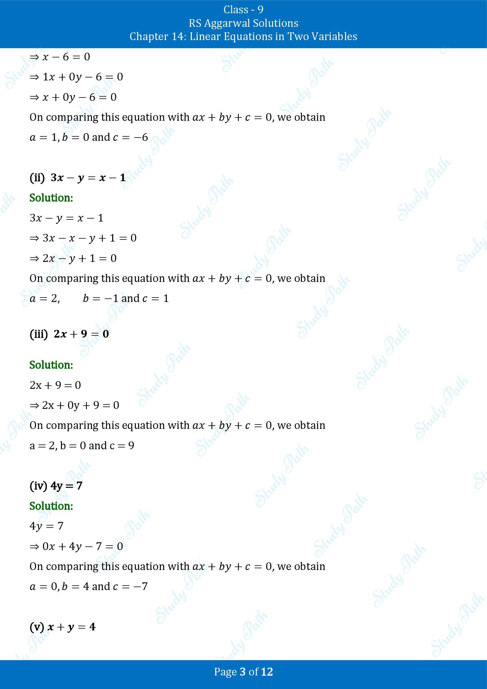 RS Aggarwal Solutions Class 9 Chapter 14 Linear Equations in Two Variables Exercise 14A 00003