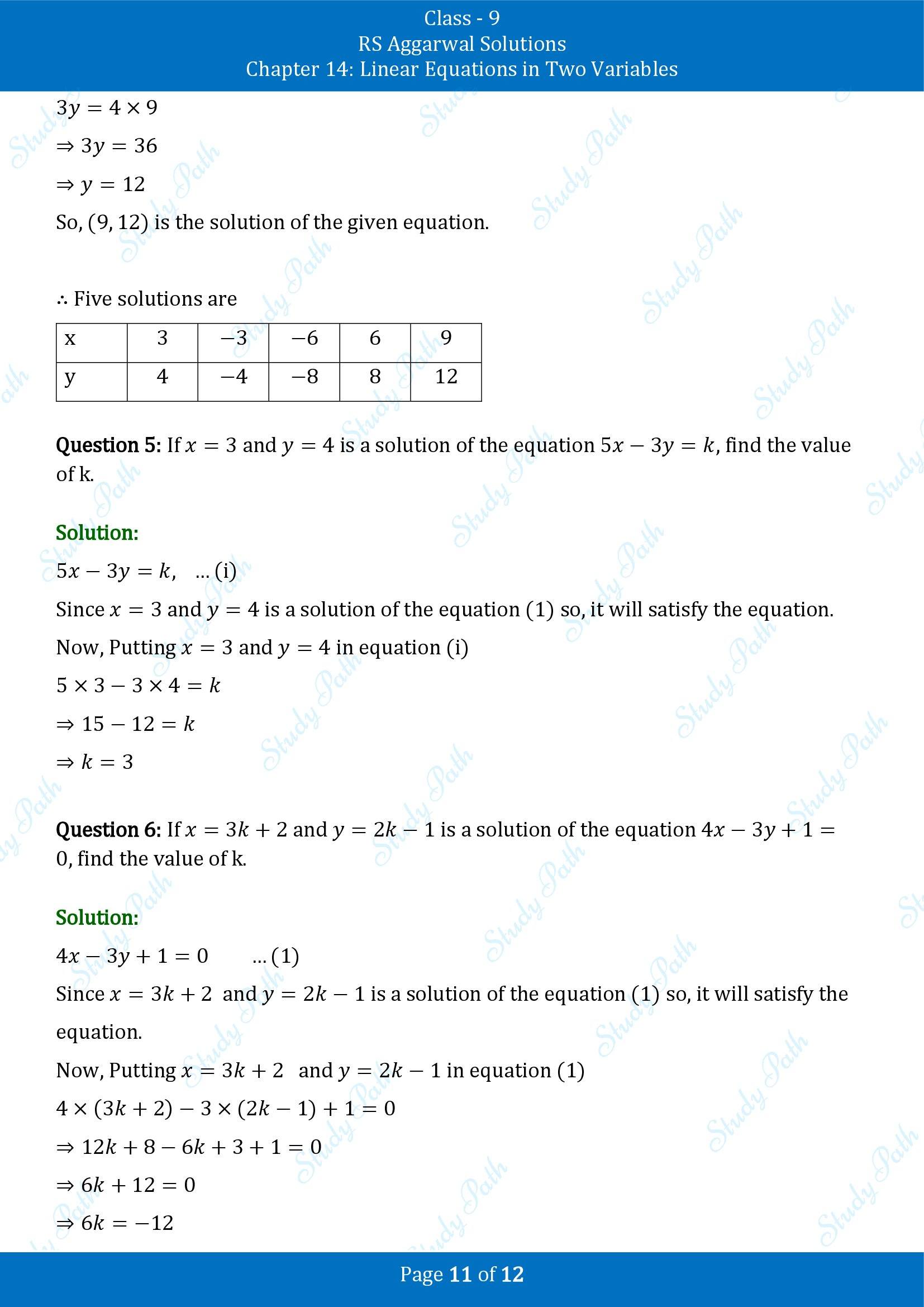 RS Aggarwal Solutions Class 9 Chapter 14 Linear Equations in Two Variables Exercise 14A 00011