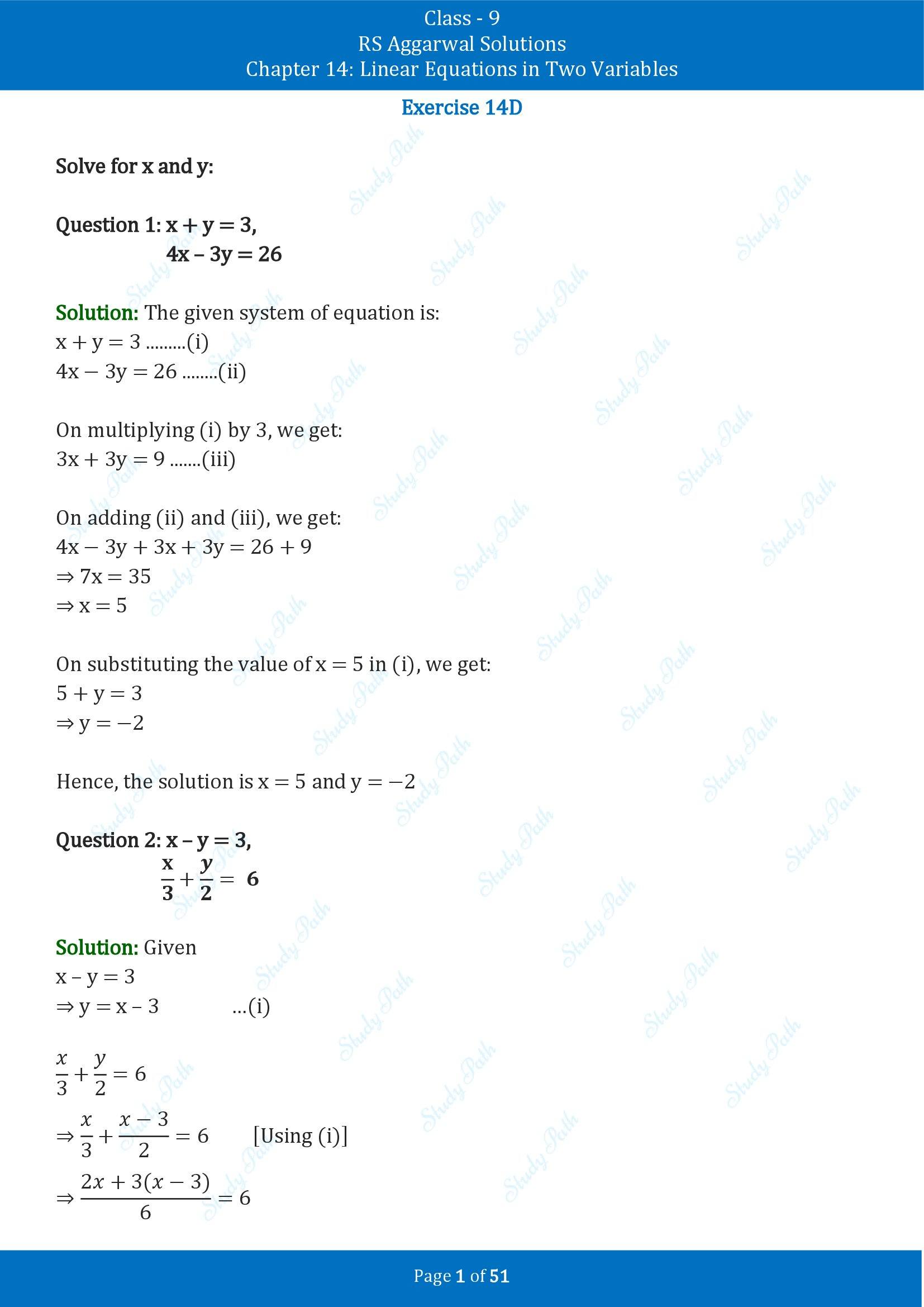 RS Aggarwal Solutions Class 9 Chapter 14 Linear Equations in Two Variables Exercise 14D 00001