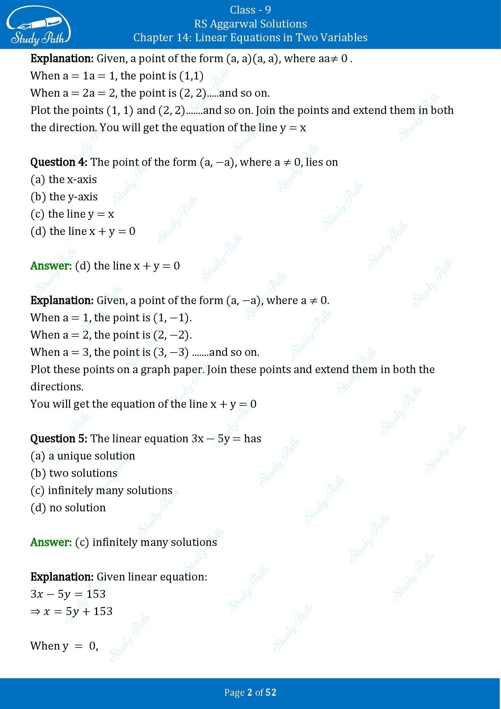 RS Aggarwal Solutions Class 9 Chapter 14 Linear Equations in Two Variables Multiple Choice Questions MCQs 00002