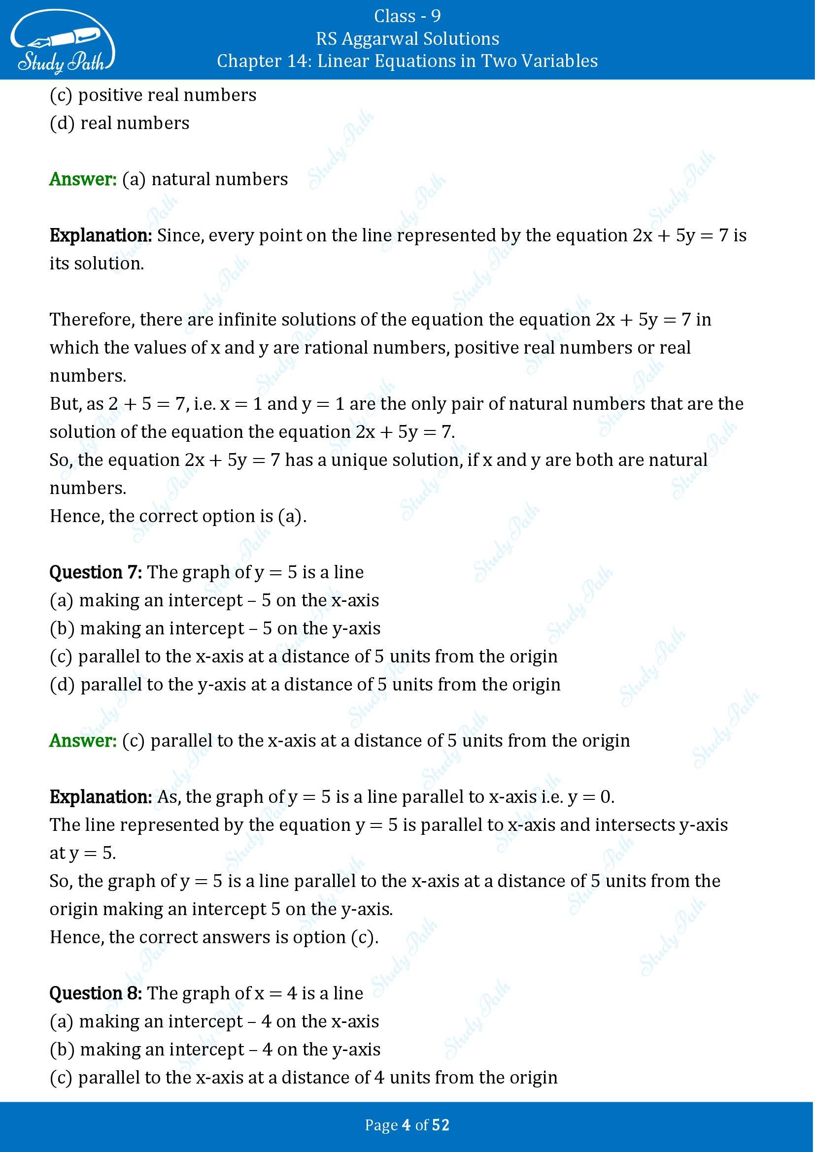 RS Aggarwal Solutions Class 9 Chapter 14 Linear Equations in Two Variables Multiple Choice Questions MCQs 00004