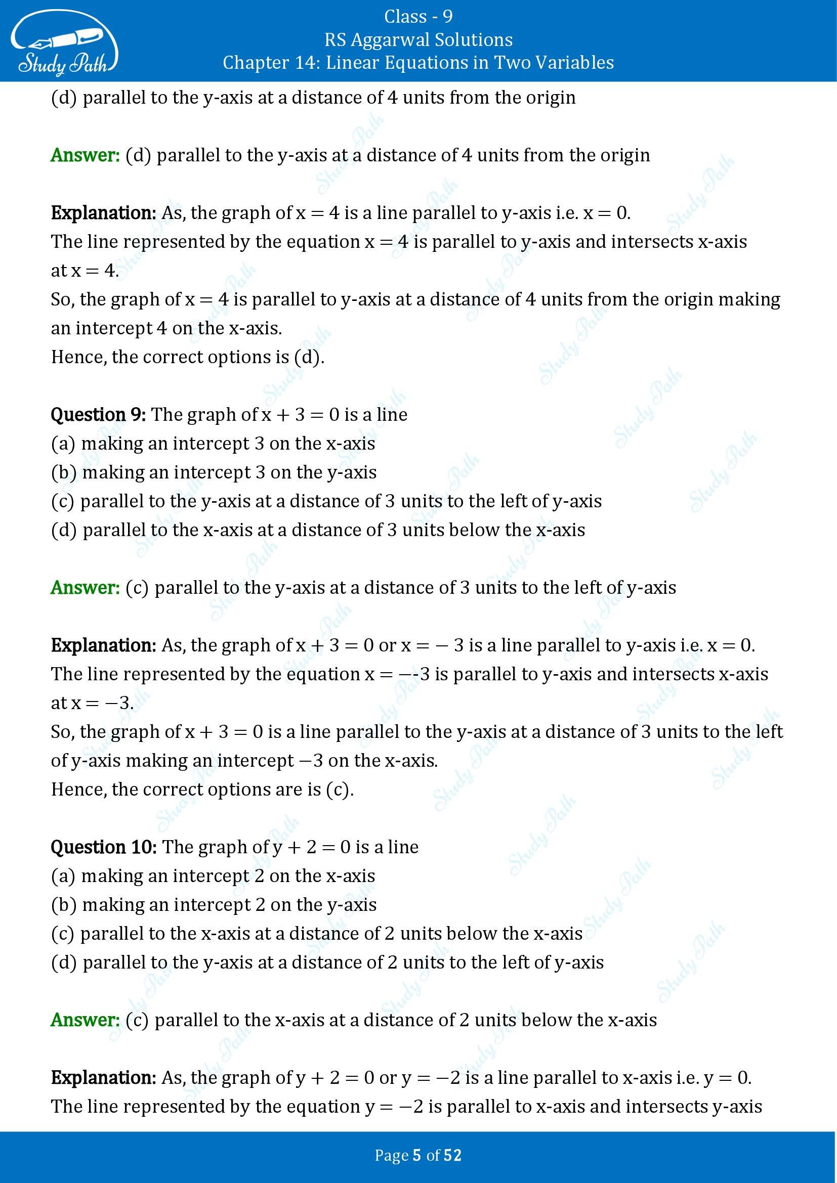 RS Aggarwal Solutions Class 9 Chapter 14 Linear Equations in Two Variables Multiple Choice Questions MCQs 00005