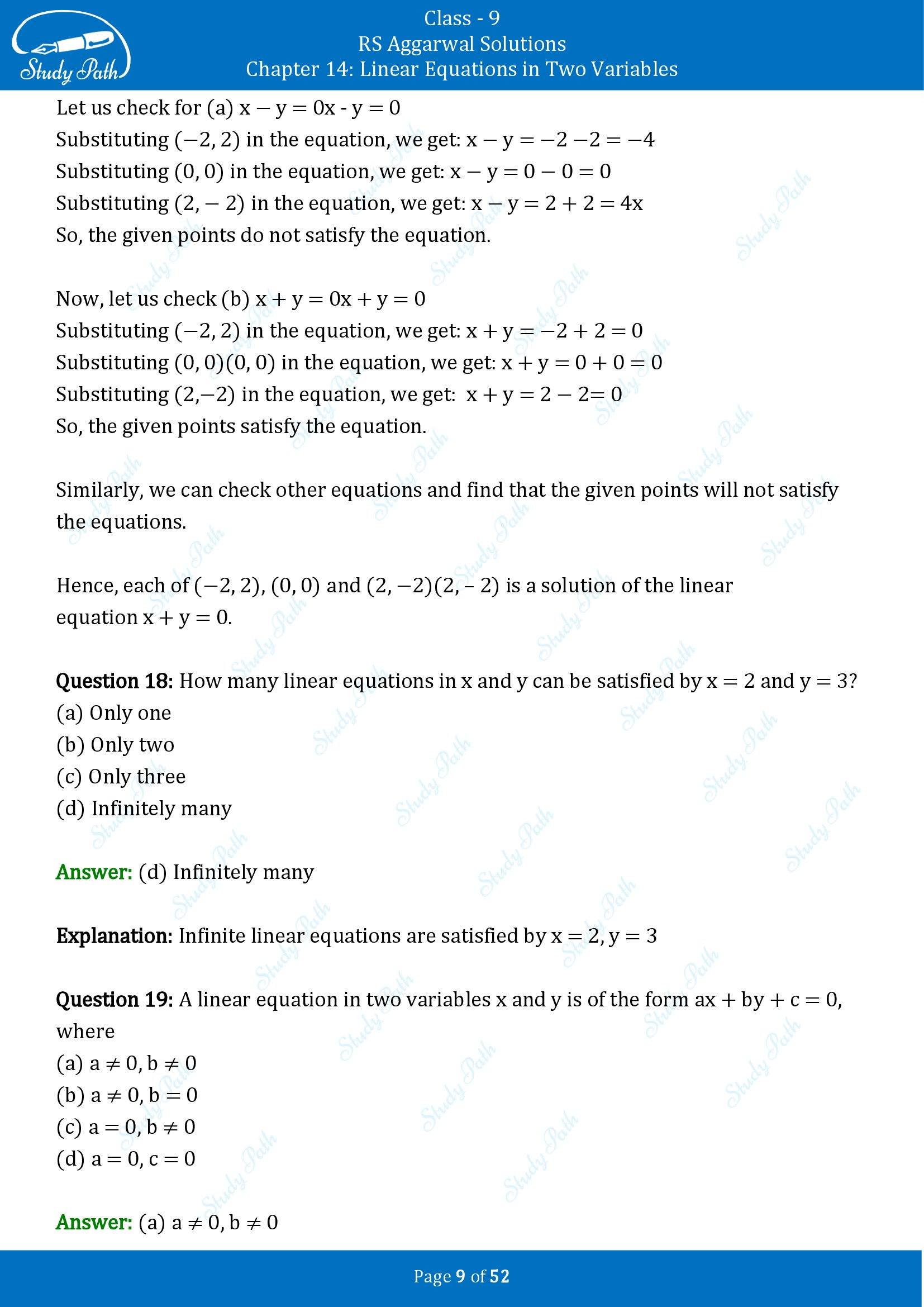 RS Aggarwal Solutions Class 9 Chapter 14 Linear Equations in Two Variables Multiple Choice Questions MCQs 00009