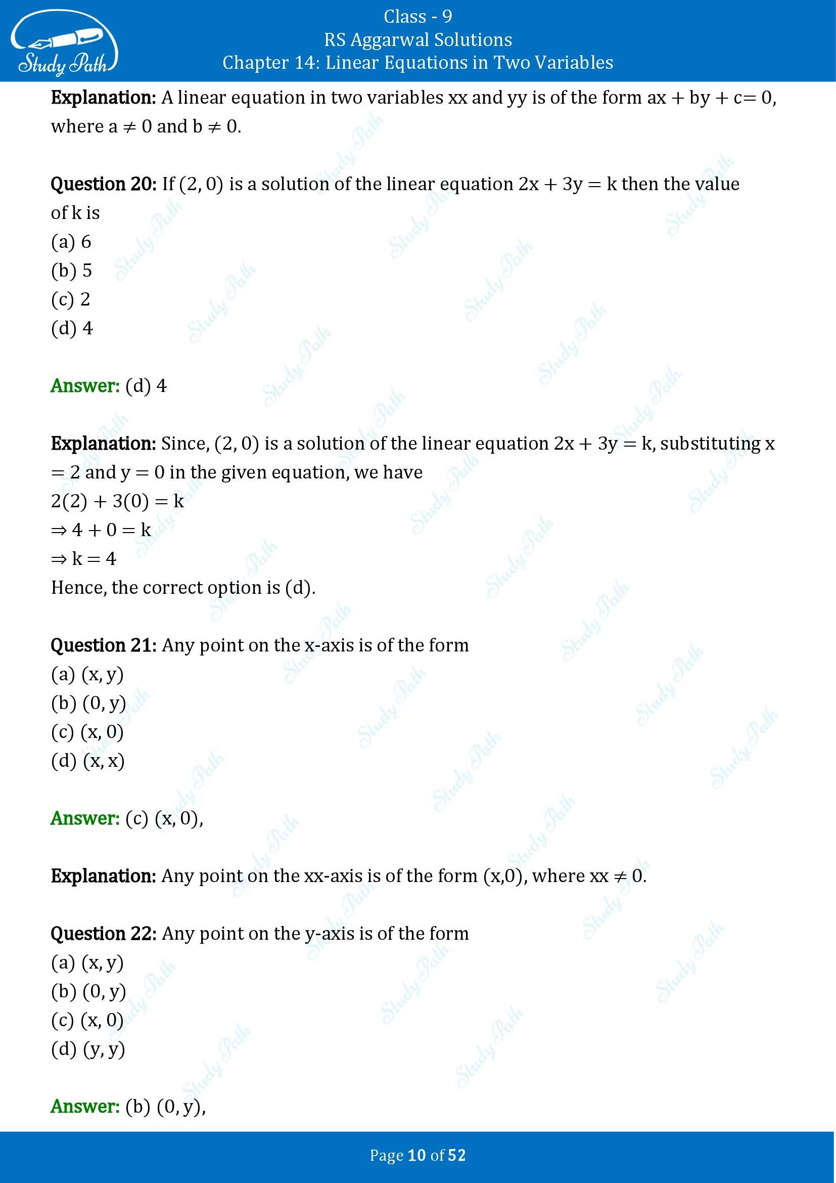 RS Aggarwal Solutions Class 9 Chapter 14 Linear Equations in Two Variables Multiple Choice Questions MCQs 00010