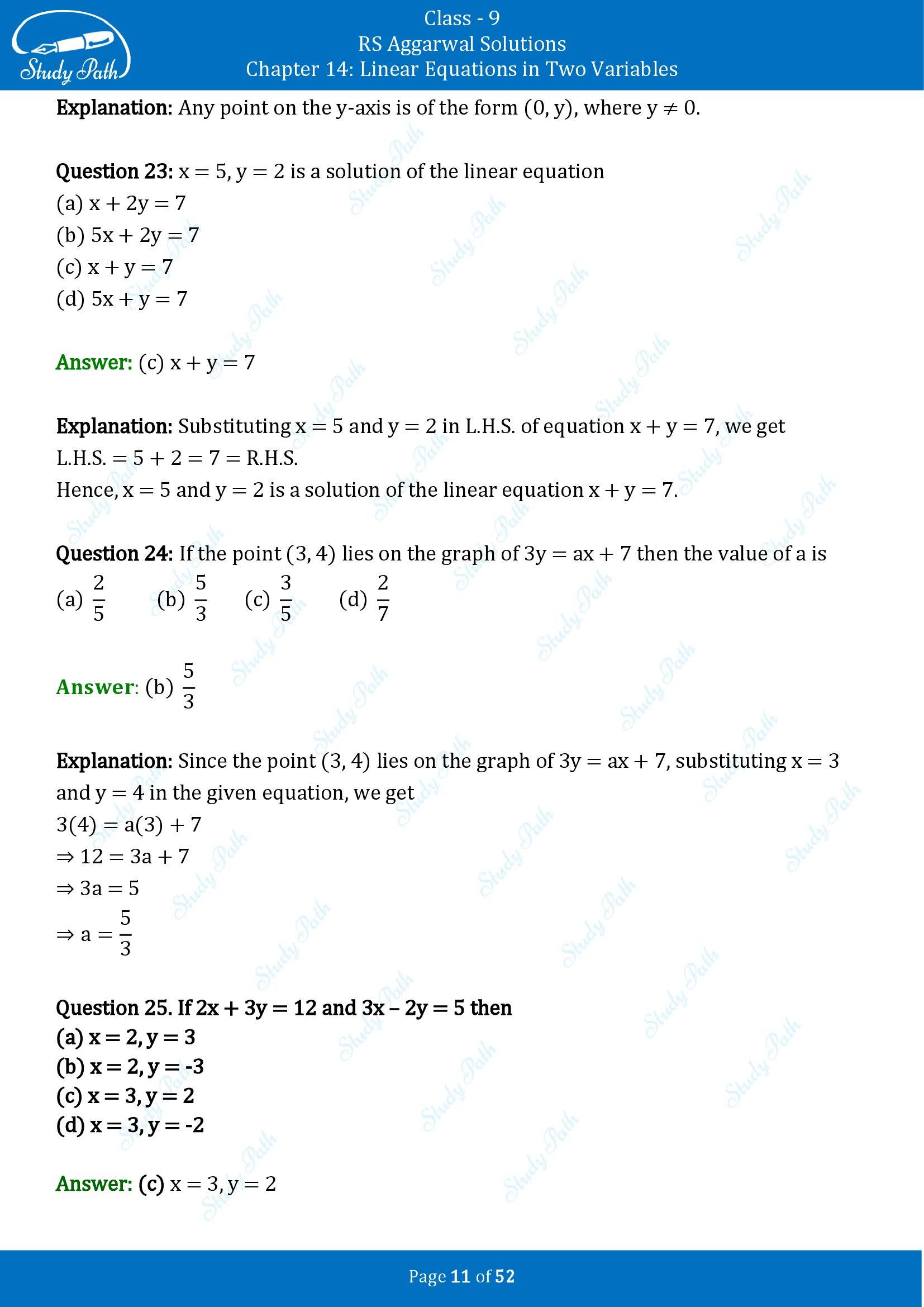 RS Aggarwal Solutions Class 9 Chapter 14 Linear Equations in Two Variables Multiple Choice Questions MCQs 00011