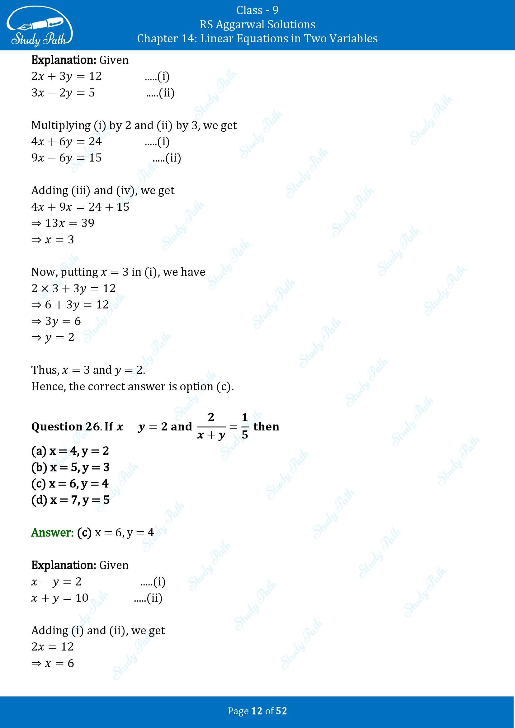 RS Aggarwal Solutions Class 9 Chapter 14 Linear Equations in Two Variables Multiple Choice Questions MCQs 00012