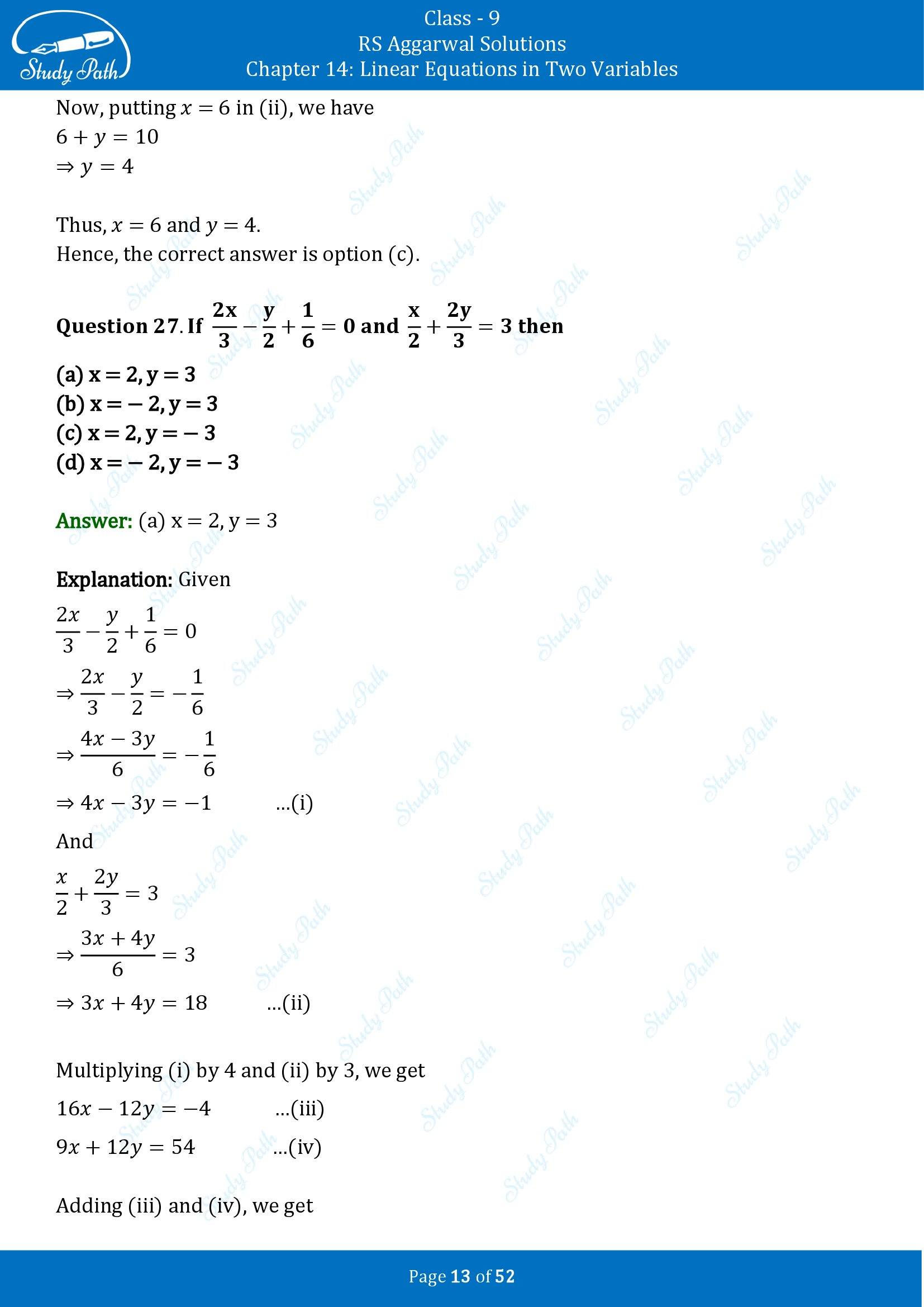 RS Aggarwal Solutions Class 9 Chapter 14 Linear Equations in Two Variables Multiple Choice Questions MCQs 00013