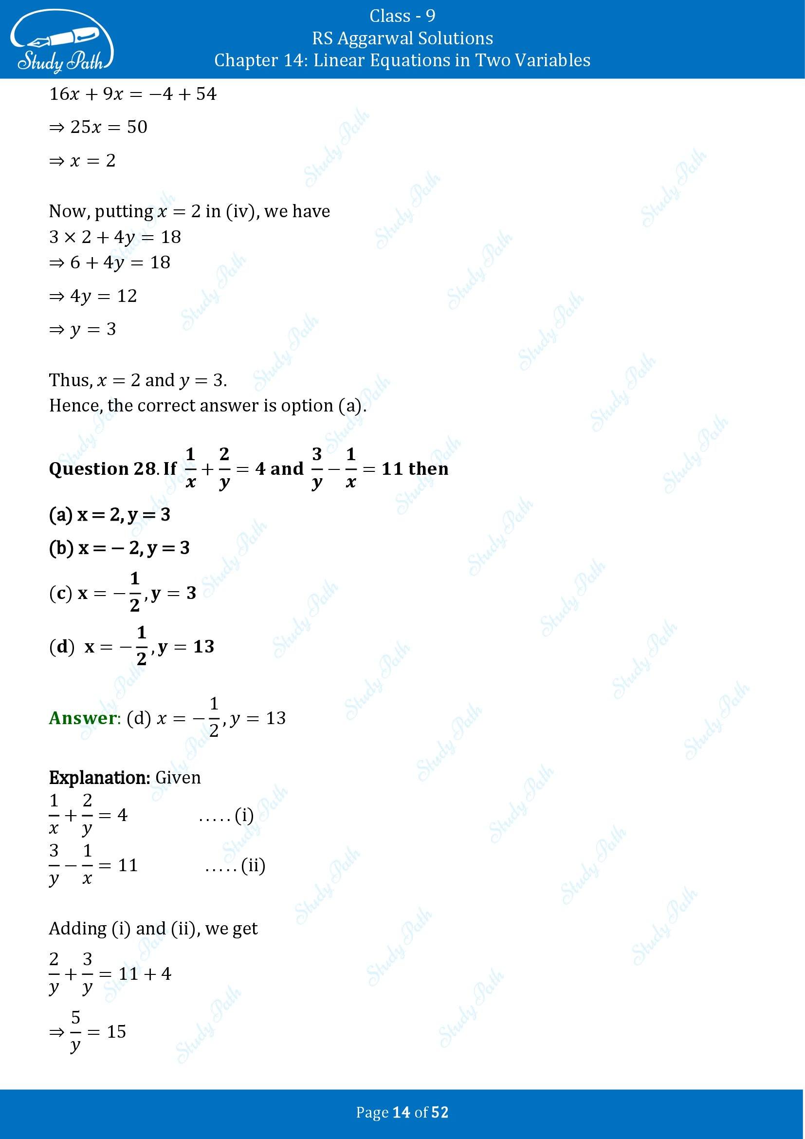 RS Aggarwal Solutions Class 9 Chapter 14 Linear Equations in Two Variables Multiple Choice Questions MCQs 00014