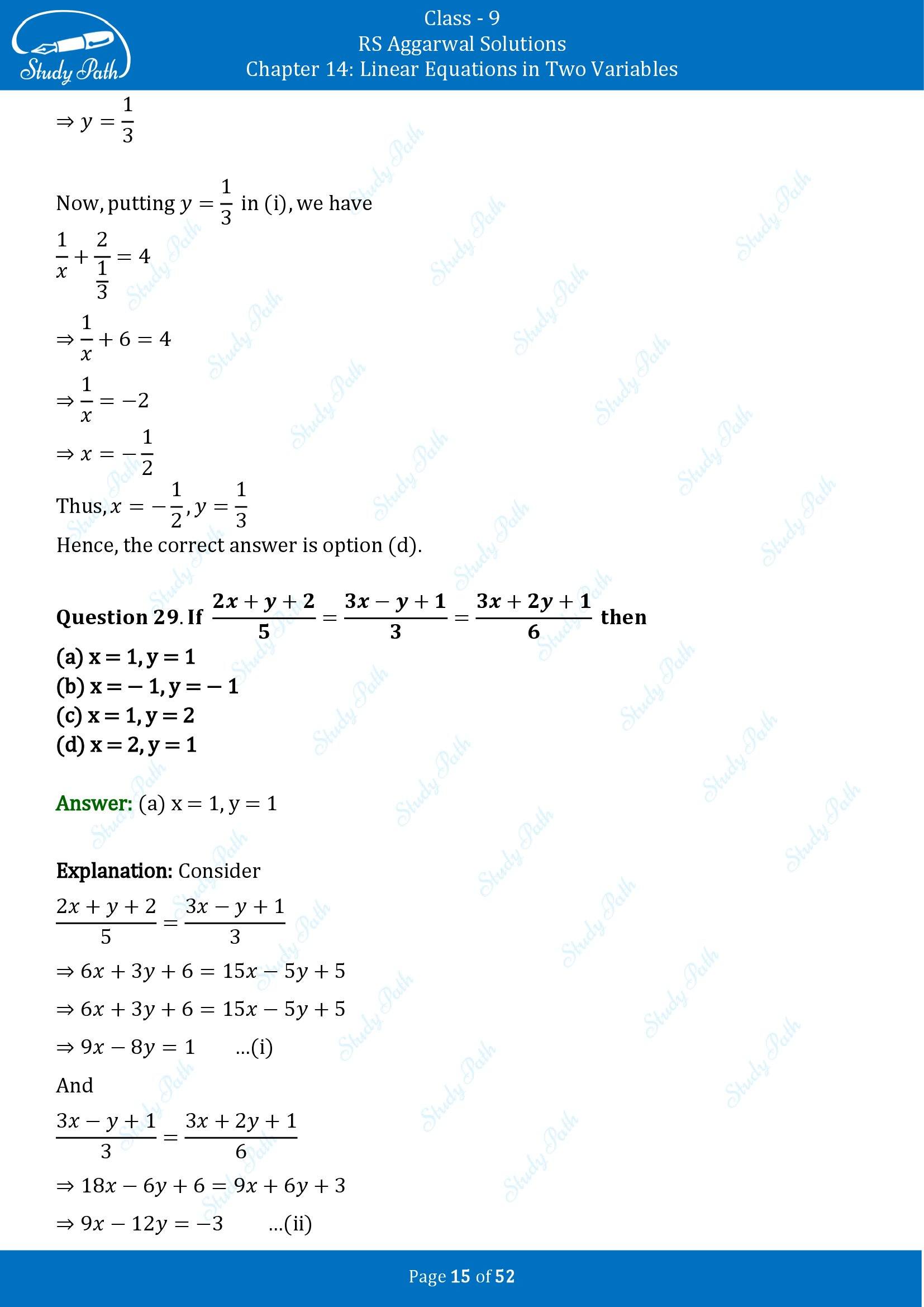 RS Aggarwal Solutions Class 9 Chapter 14 Linear Equations in Two Variables Multiple Choice Questions MCQs 00015