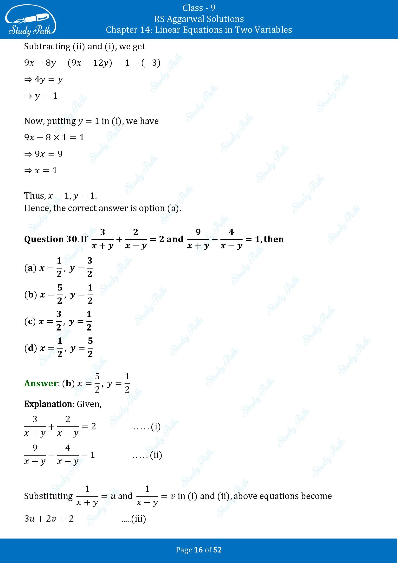 RS Aggarwal Solutions Class 9 Chapter 14 Linear Equations in Two Variables Multiple Choice Questions MCQs 00016