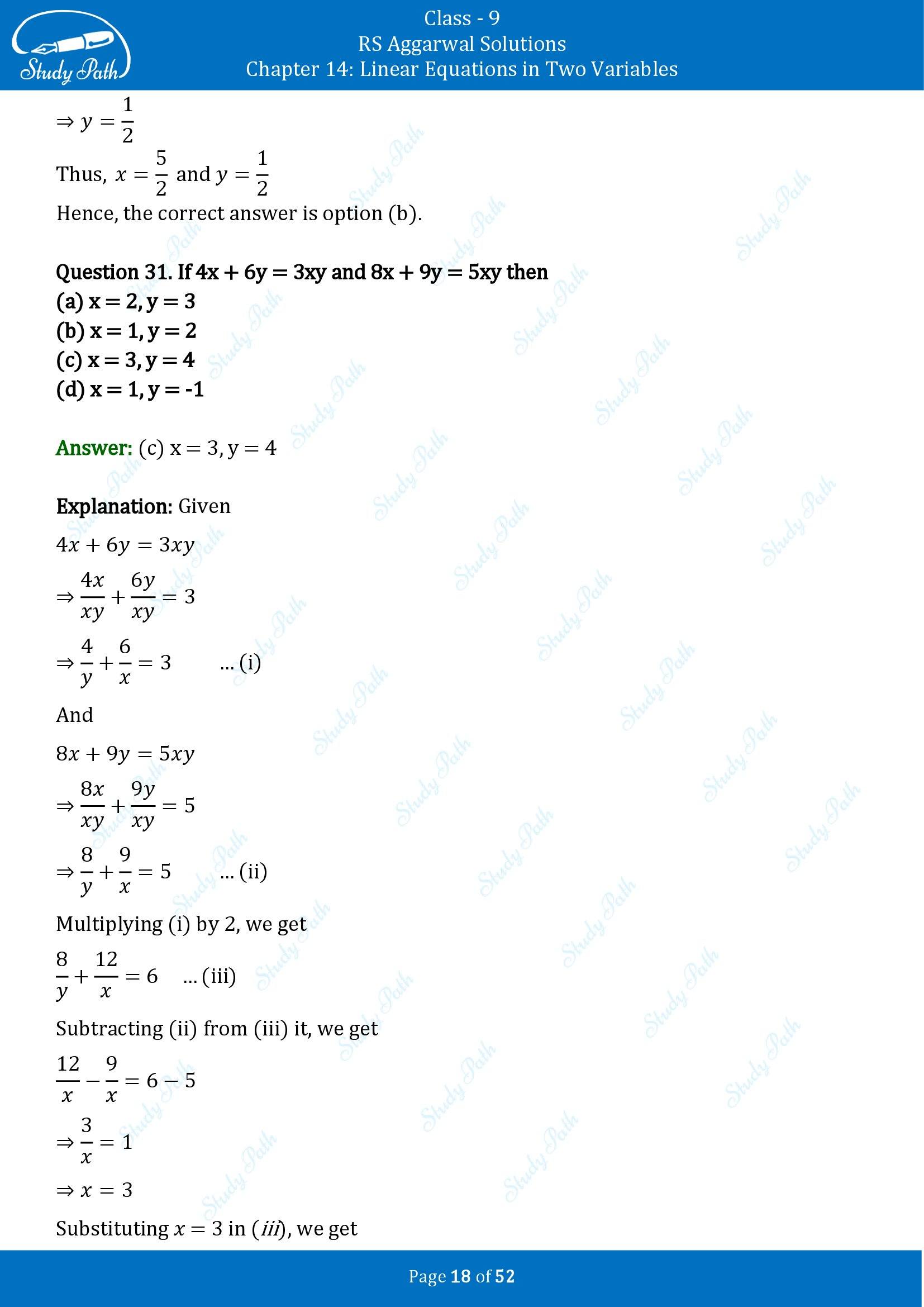 RS Aggarwal Solutions Class 9 Chapter 14 Linear Equations in Two Variables Multiple Choice Questions MCQs 00018