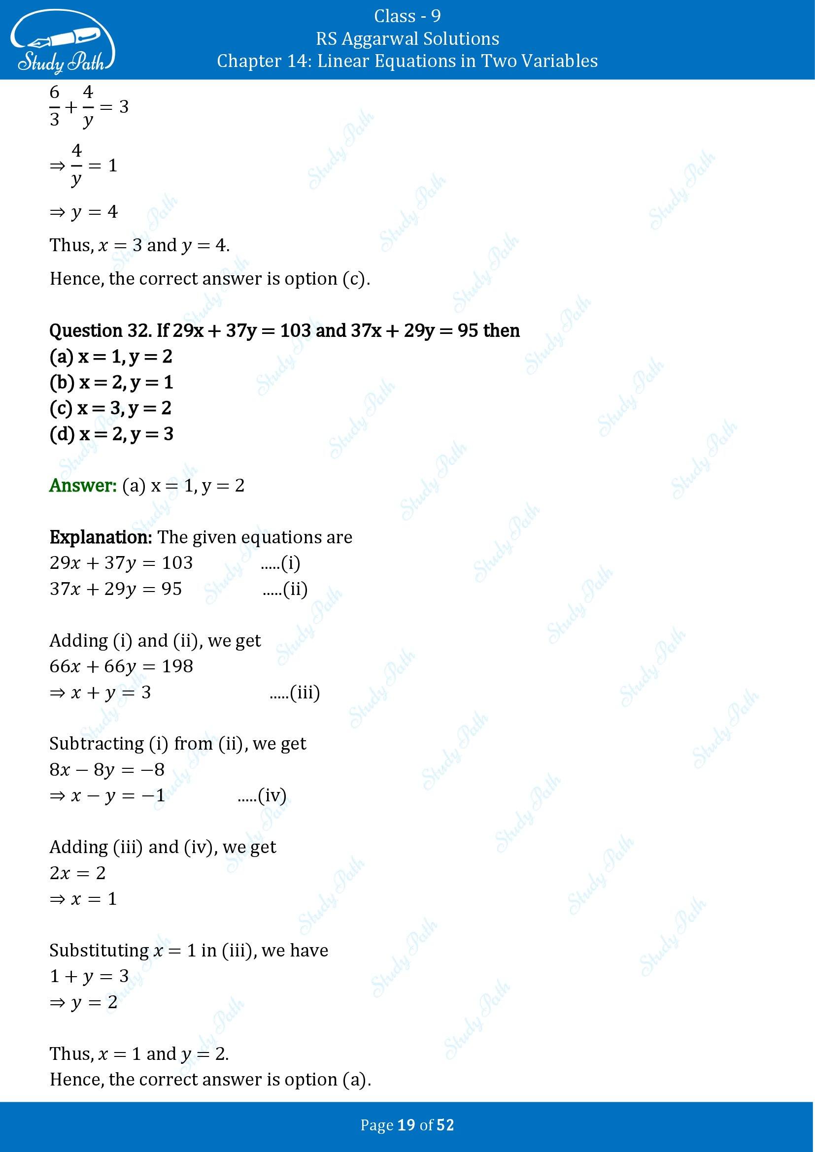 RS Aggarwal Solutions Class 9 Chapter 14 Linear Equations in Two Variables Multiple Choice Questions MCQs 00019