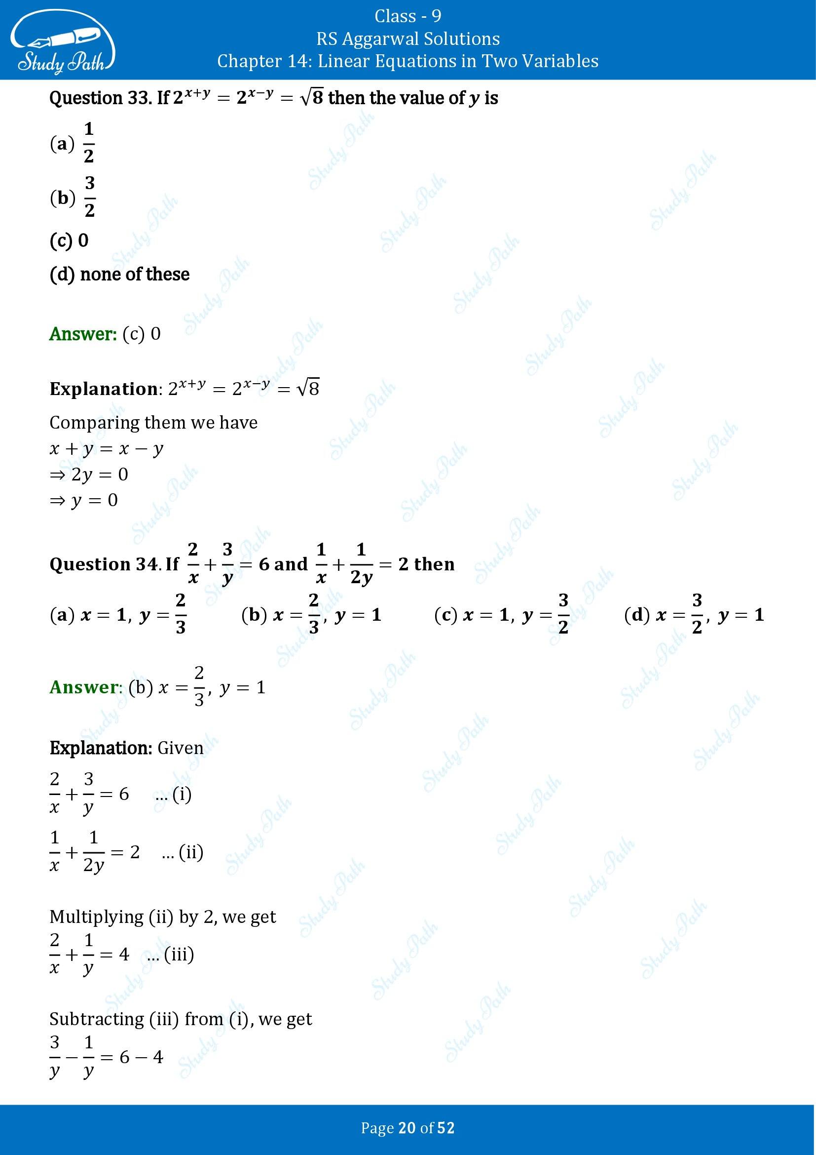 RS Aggarwal Solutions Class 9 Chapter 14 Linear Equations in Two Variables Multiple Choice Questions MCQs 00020