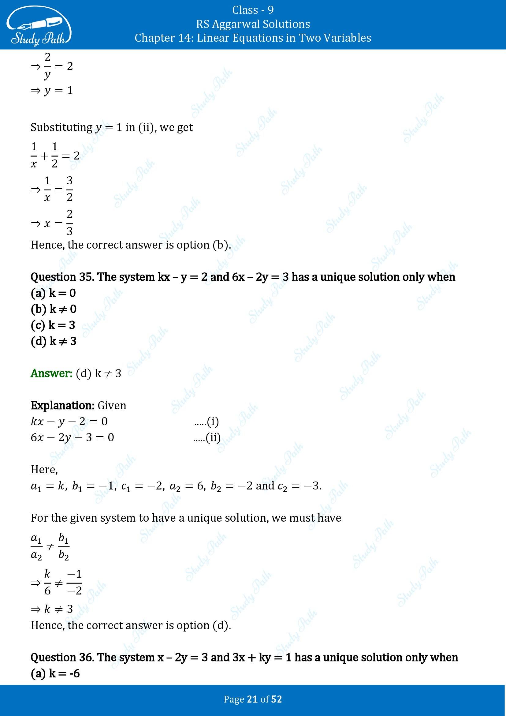 RS Aggarwal Solutions Class 9 Chapter 14 Linear Equations in Two Variables Multiple Choice Questions MCQs 00021