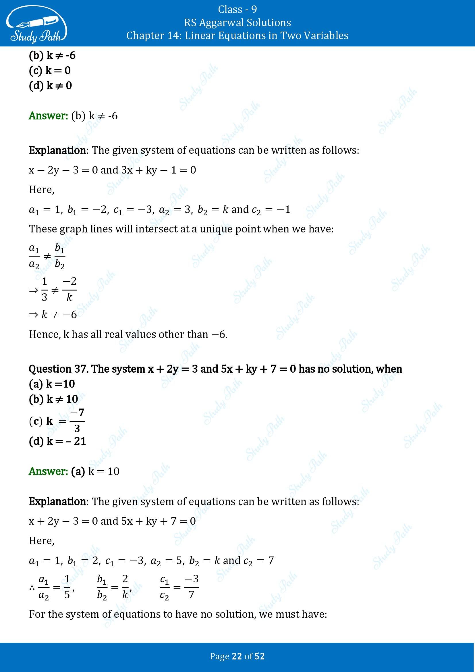 RS Aggarwal Solutions Class 9 Chapter 14 Linear Equations in Two Variables Multiple Choice Questions MCQs 00022