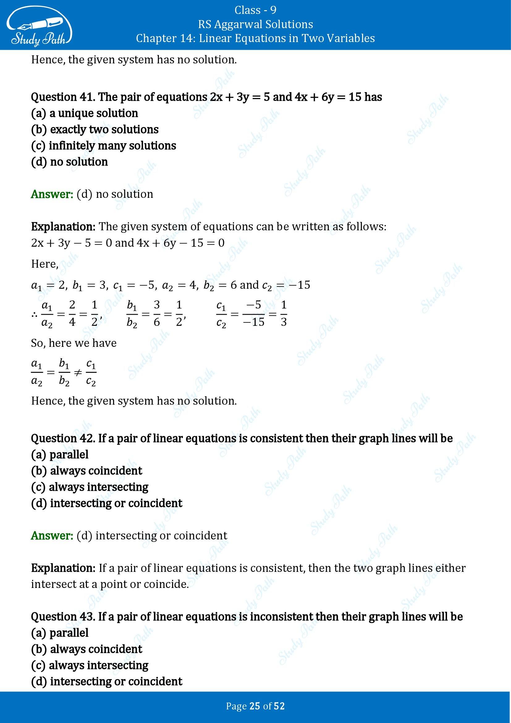 RS Aggarwal Solutions Class 9 Chapter 14 Linear Equations in Two Variables Multiple Choice Questions MCQs 00025
