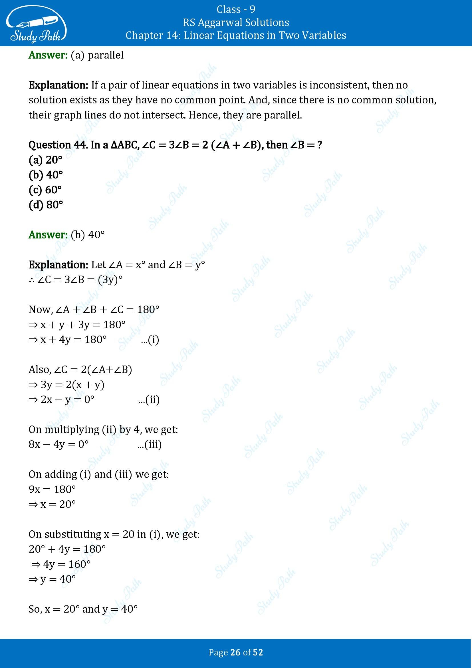 RS Aggarwal Solutions Class 9 Chapter 14 Linear Equations in Two Variables Multiple Choice Questions MCQs 00026