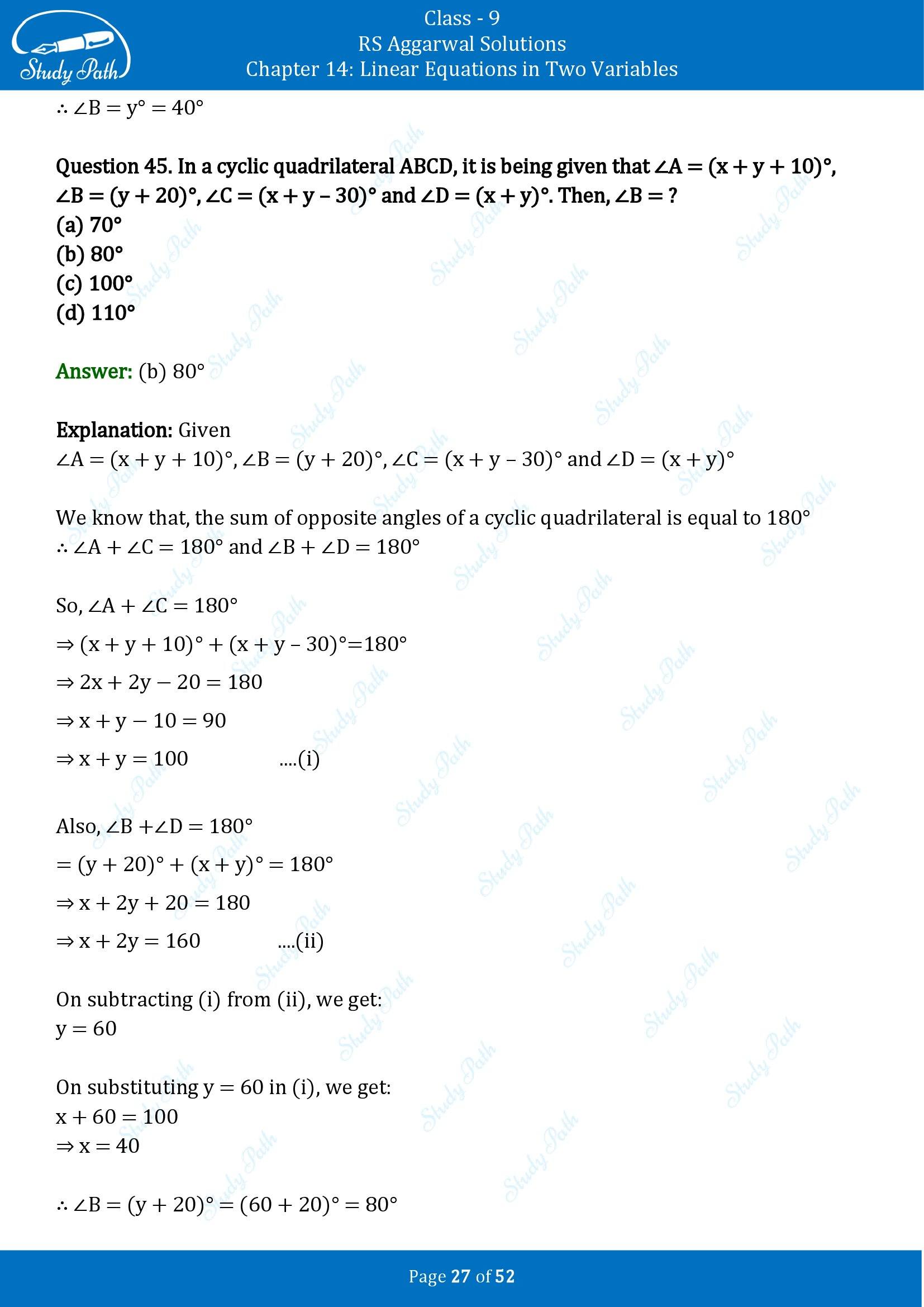 RS Aggarwal Solutions Class 9 Chapter 14 Linear Equations in Two Variables Multiple Choice Questions MCQs 00027