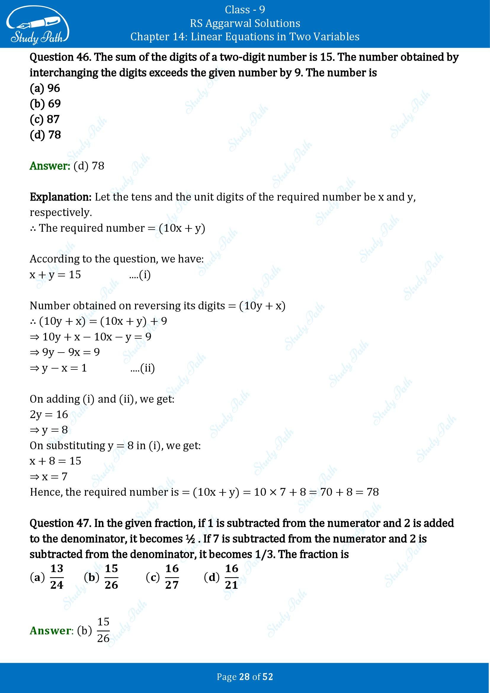 RS Aggarwal Solutions Class 9 Chapter 14 Linear Equations in Two Variables Multiple Choice Questions MCQs 00028