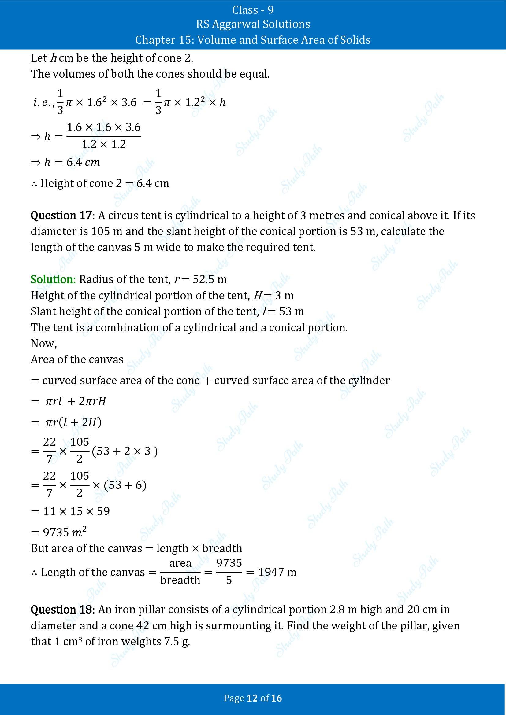 RS Aggarwal Solutions Class 9 Chapter 15 Volume and Surface Area of Solids Exercise 15C 00012