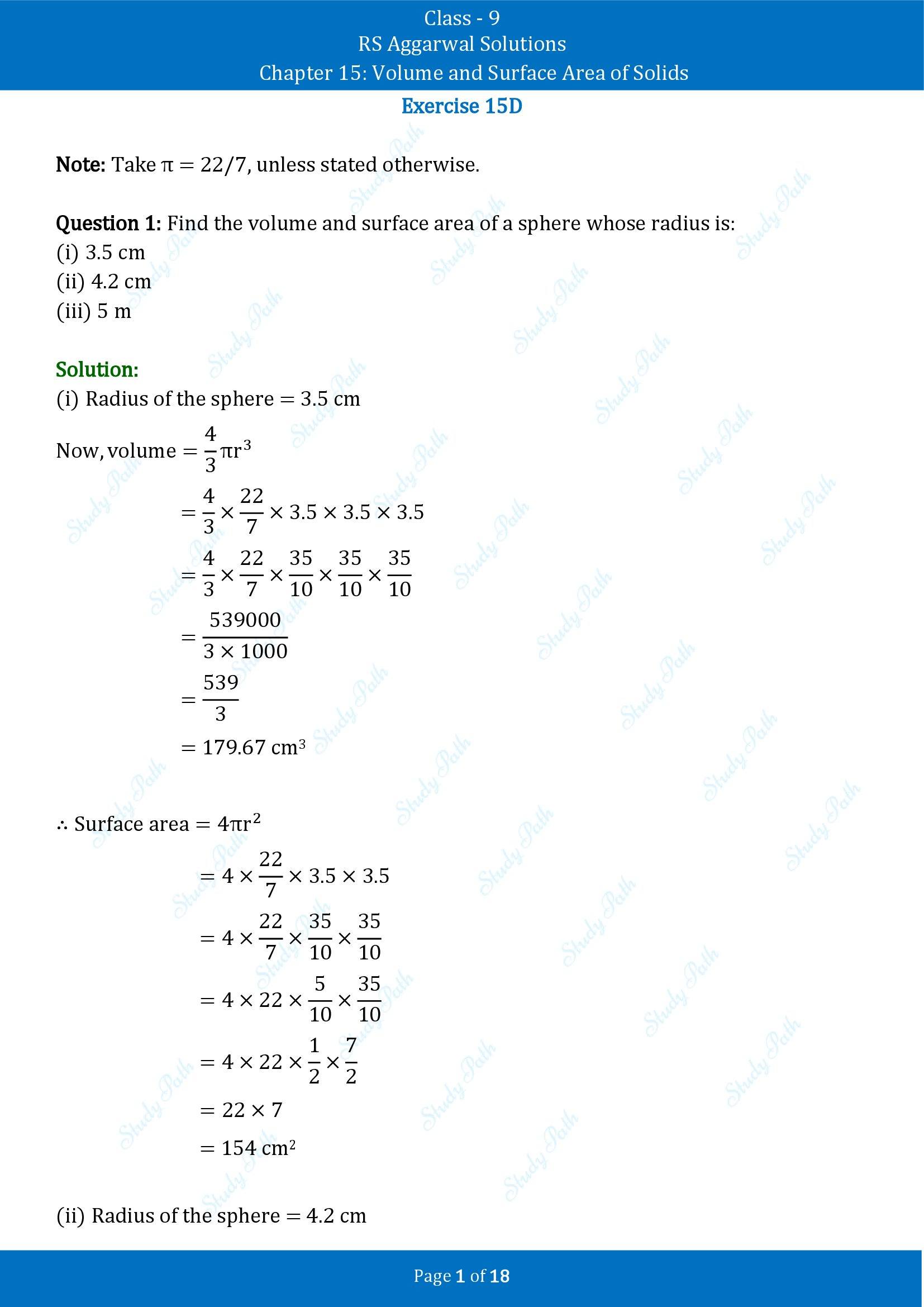 RS Aggarwal Solutions Class 9 Chapter 15 Volume and Surface Area of Solids Exercise 15D 00001