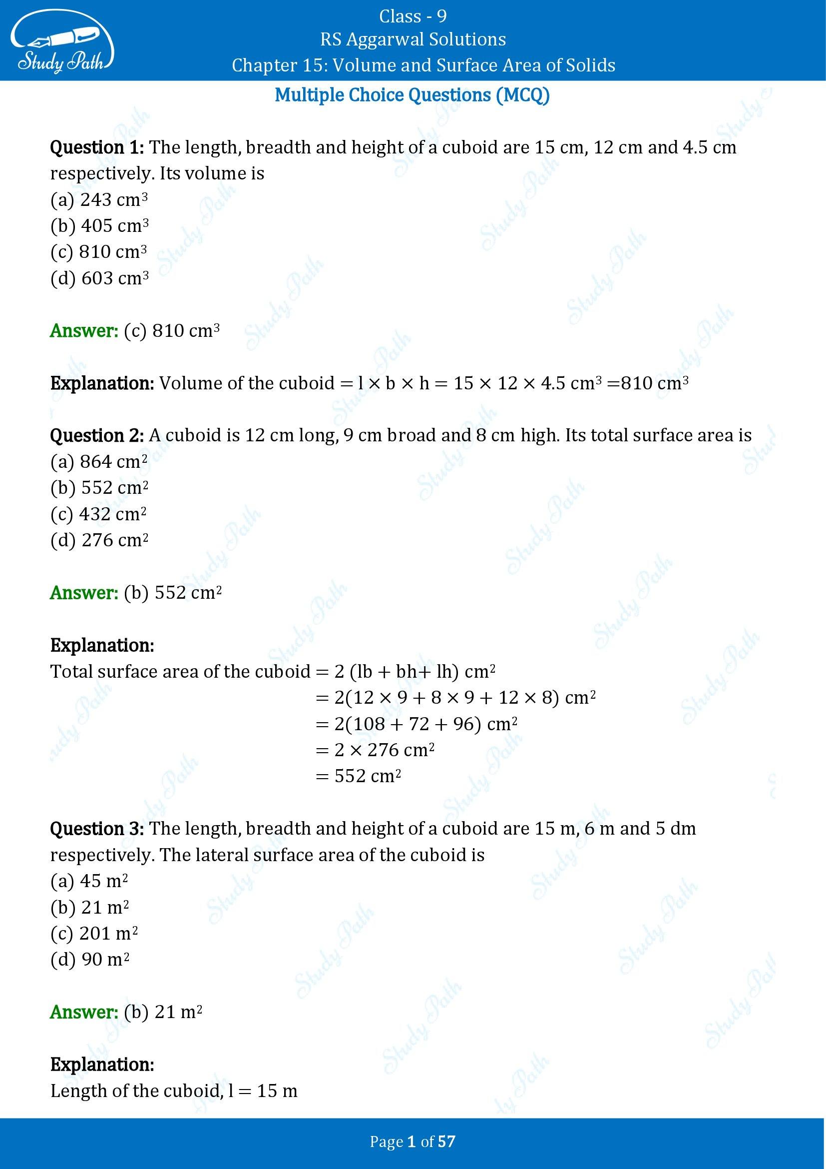 RS Aggarwal Solutions Class 9 Chapter 15 Volume and Surface Area of Solids Multiple Choice Questions MCQs 00001